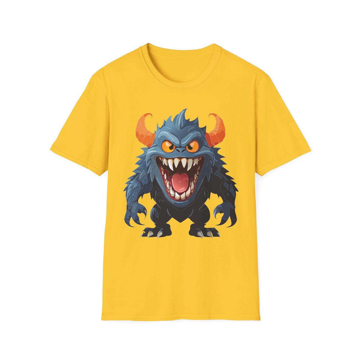 Monster Graphic T-Shirt — Fierce Blue Horned Creature Cartoon Graphic Tee Unisex 100 Cotton Gildan T-Shirt