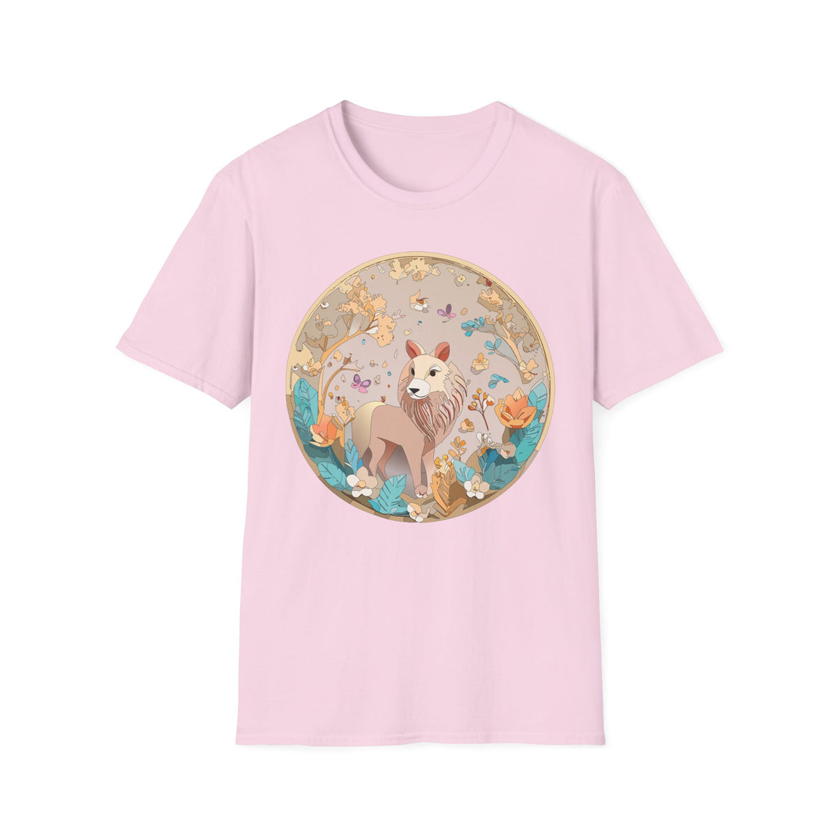 Whimsical Lion Garden Illustration T-Shirt | Floral Circle Art