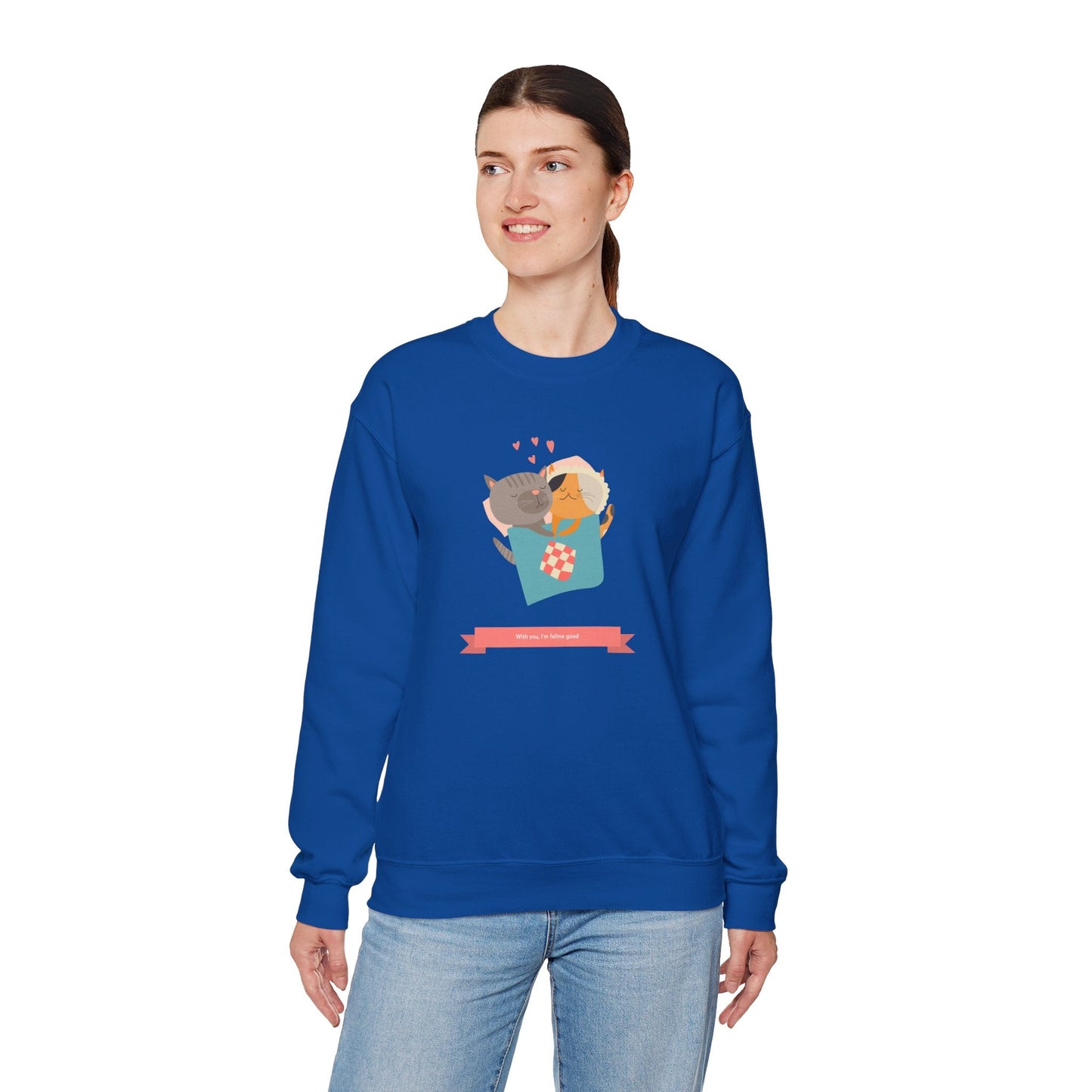 Cat Heart Sweatshirt Unisex Valentines Day 50 50 Cotton Poly Crewneck Gildan 18000