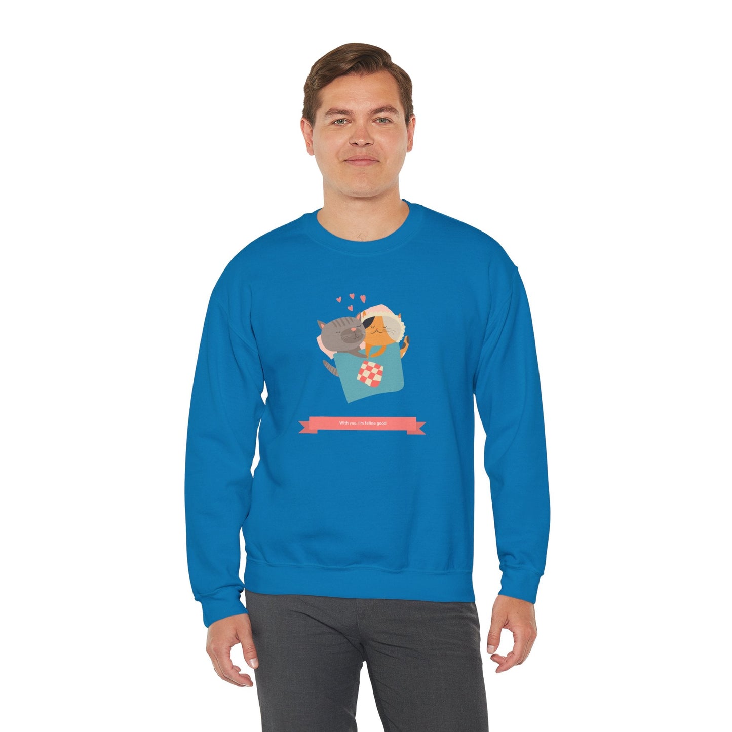 Cat Heart Sweatshirt Unisex Valentines Day 50 50 Cotton Poly Crewneck Gildan 18000