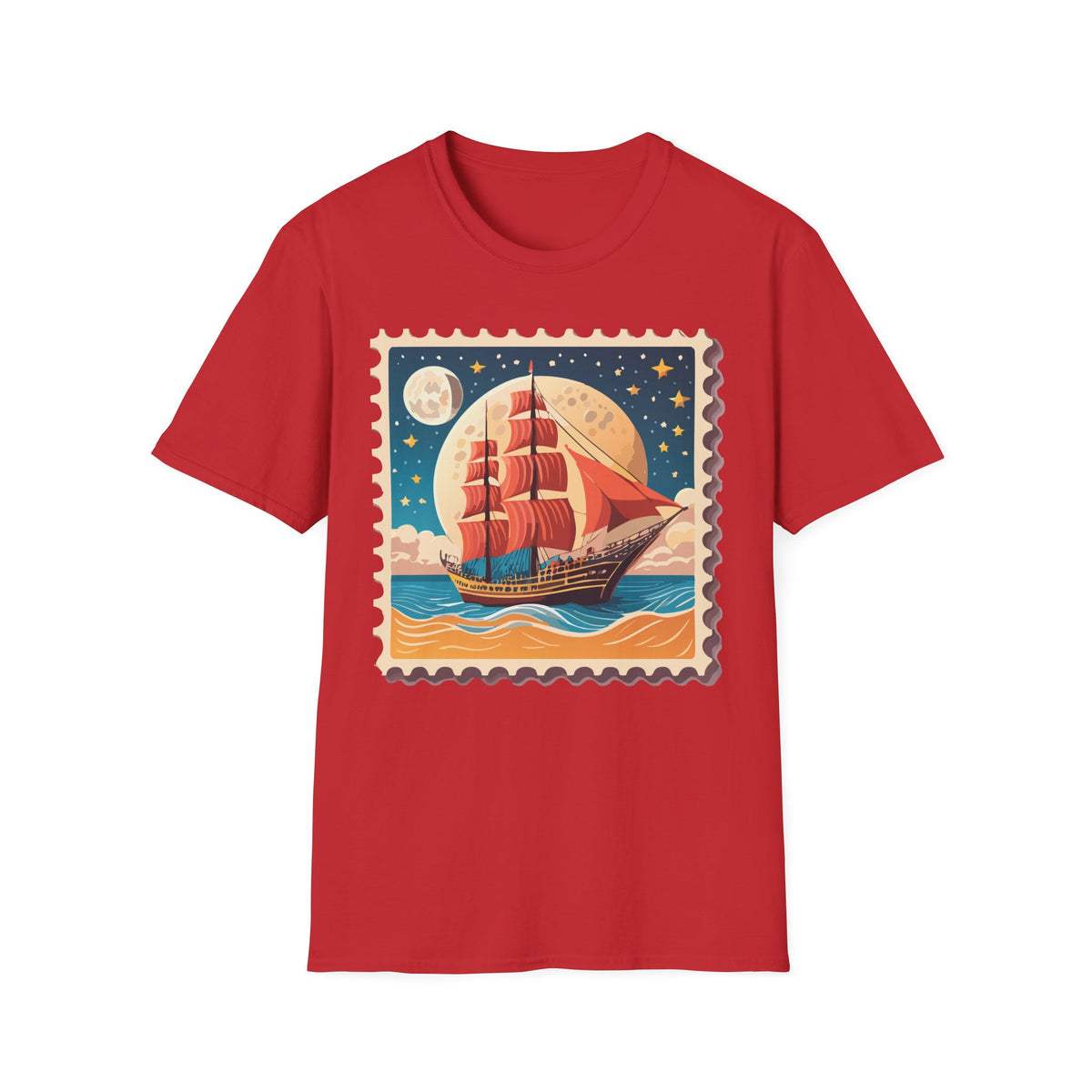 Vintage Sailing Ship Stamp T-Shirt | Retro Moonlit Ocean Illustration