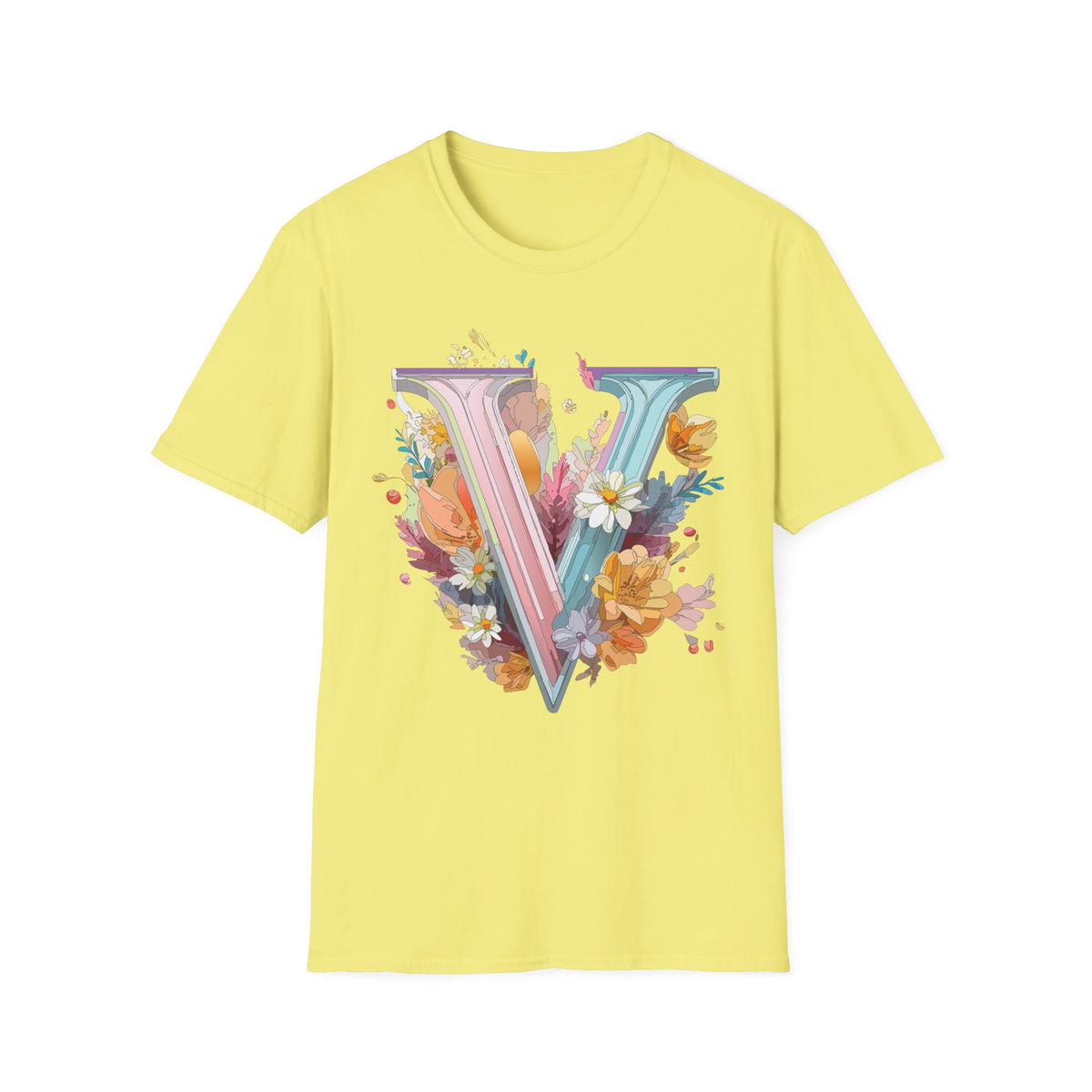 Floral Letter V T-Shirt | Pastel Botanical Initial Tee