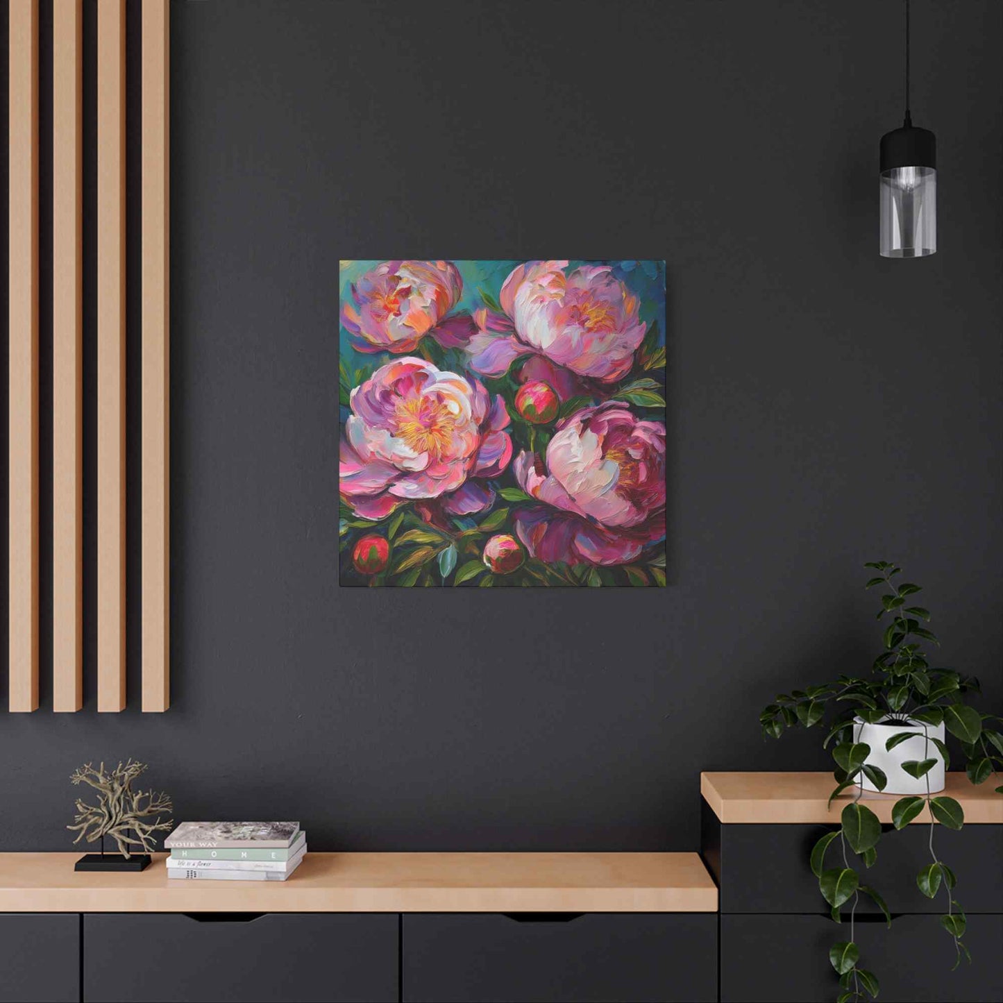 Pink Peonies Print Canvas, Floral Oil Paint Print 20x20, 24x24, 30x30, 32x32, 36x36 Art Design Pine-Wood Inner Frame MC-114