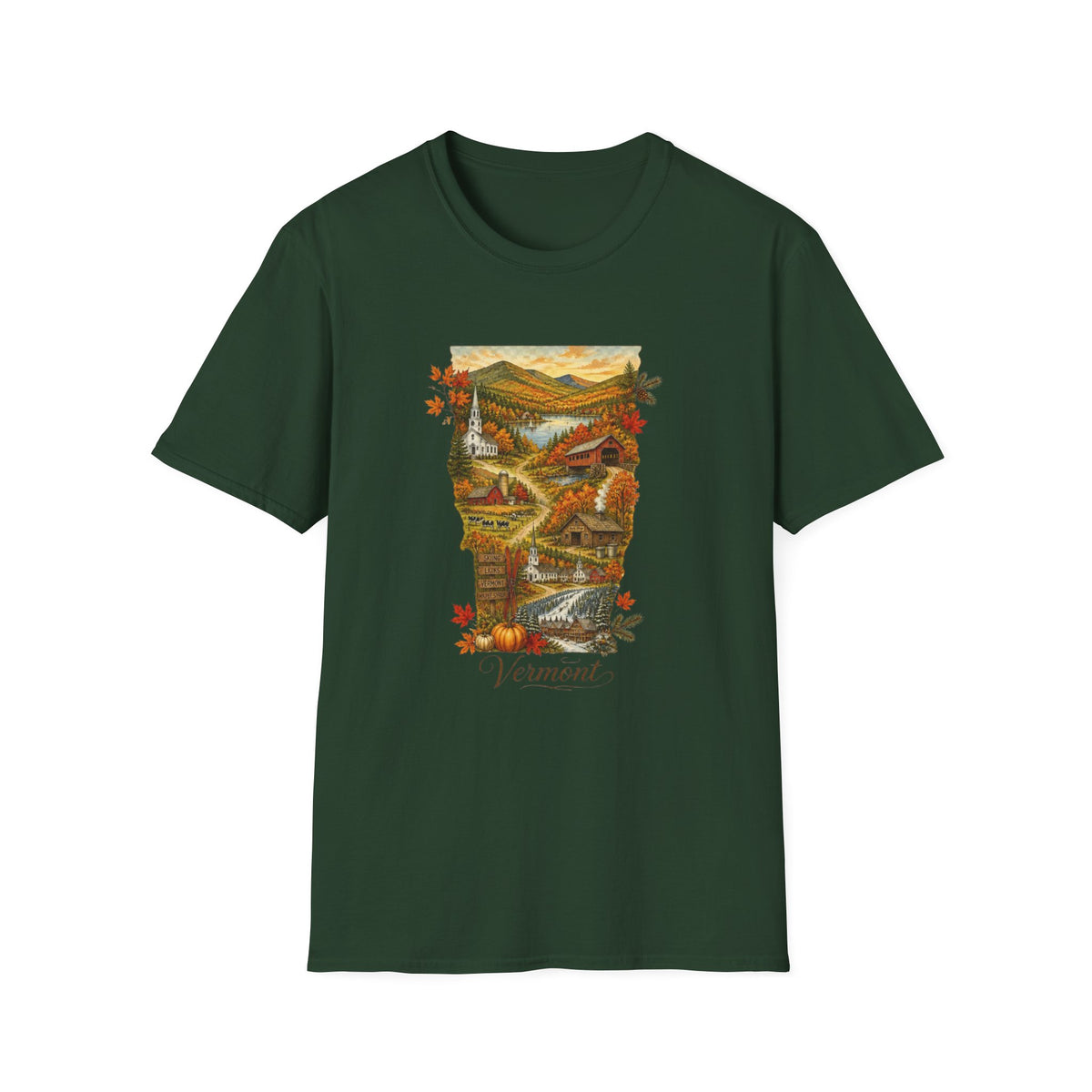 Vermont Fall Scenic T‑Shirt — Autumn Maple Leaves Landscape Travel Tourist Graphic Design Unisex 100 Cotton Gildan T-Shirt