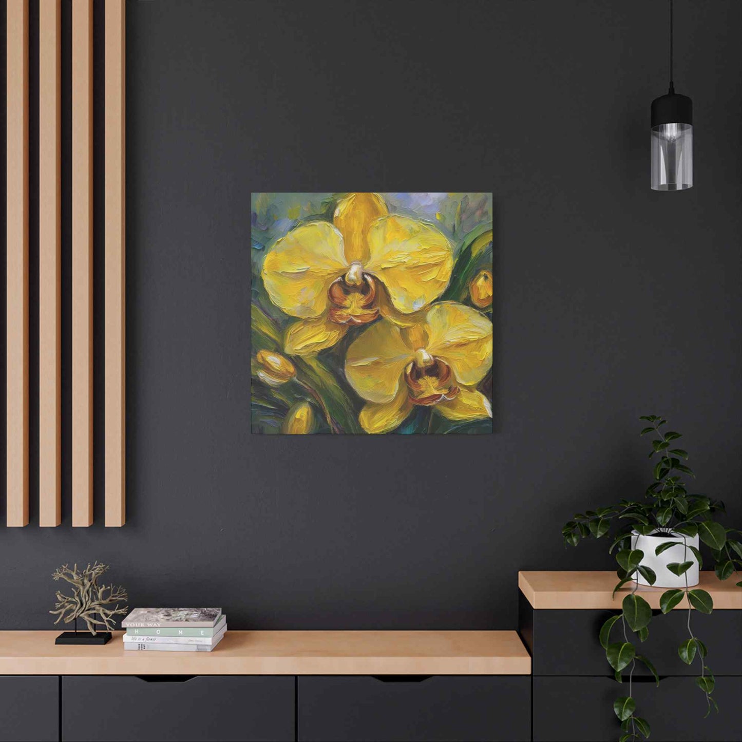 Yellow Orchids Print Canvas, Floral Oil Paint Print 20x20, 24x24, 30x30, 32x32, 36x36 Art Design Pine-Wood Inner Frame MC-140
