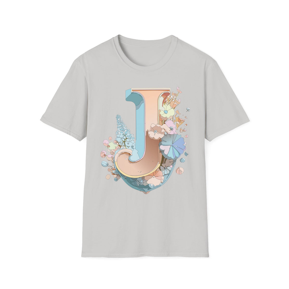 Floral Letter J T-Shirt | Monogram Initial Tee, Pastel Botanical Typography