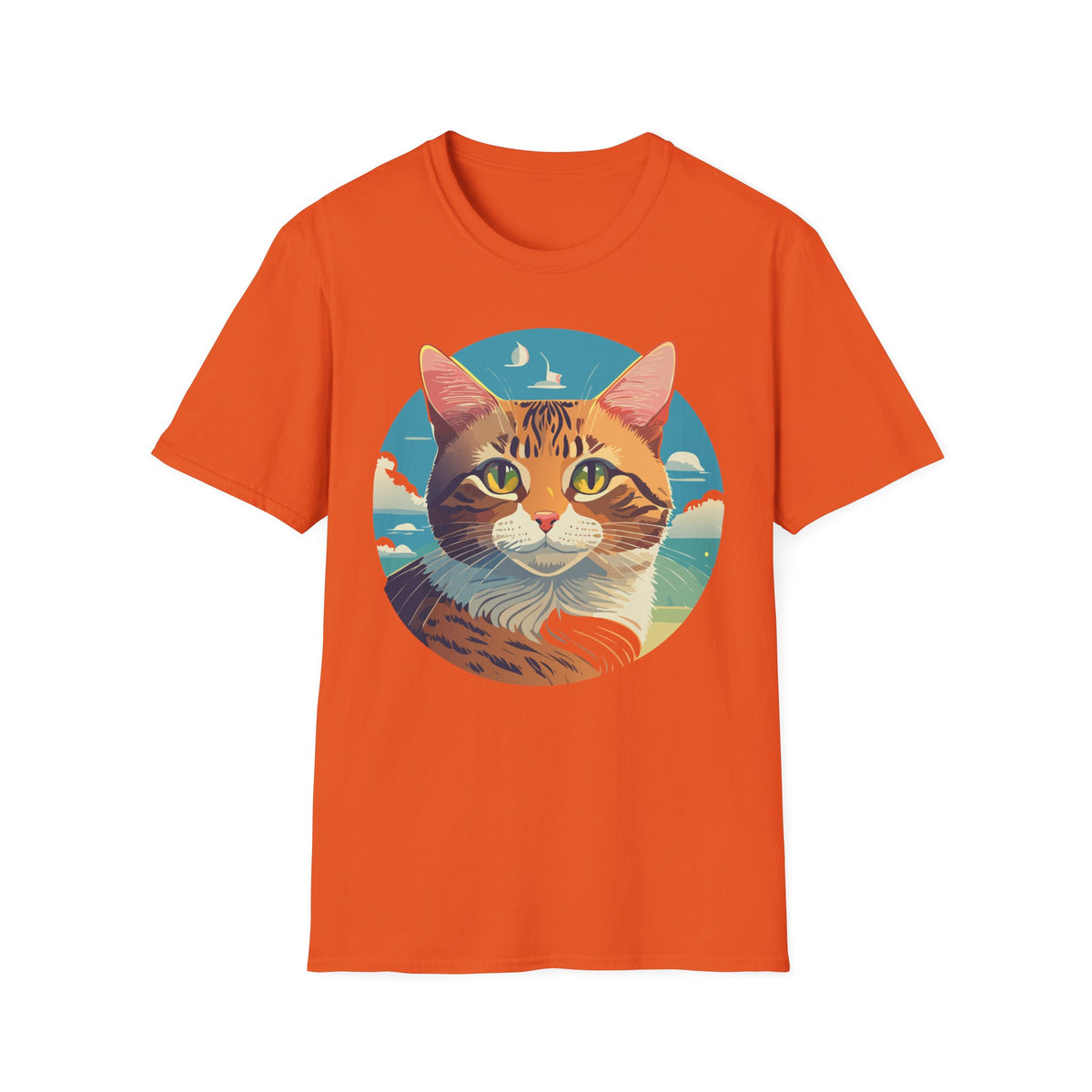 Sunset Tabby Cat T-Shirt | Cat Portrait Tee, Beach Sky Illustration
