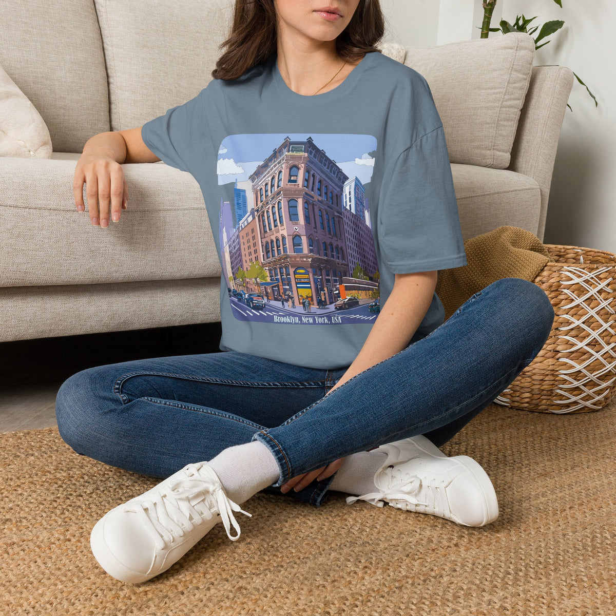 Brooklyn New York Retro Cityscape T-Shirt — Illustrated Landmark Tee Travel Tourist Graphic Design Unisex 100 Cotton Gildan T-Shirt