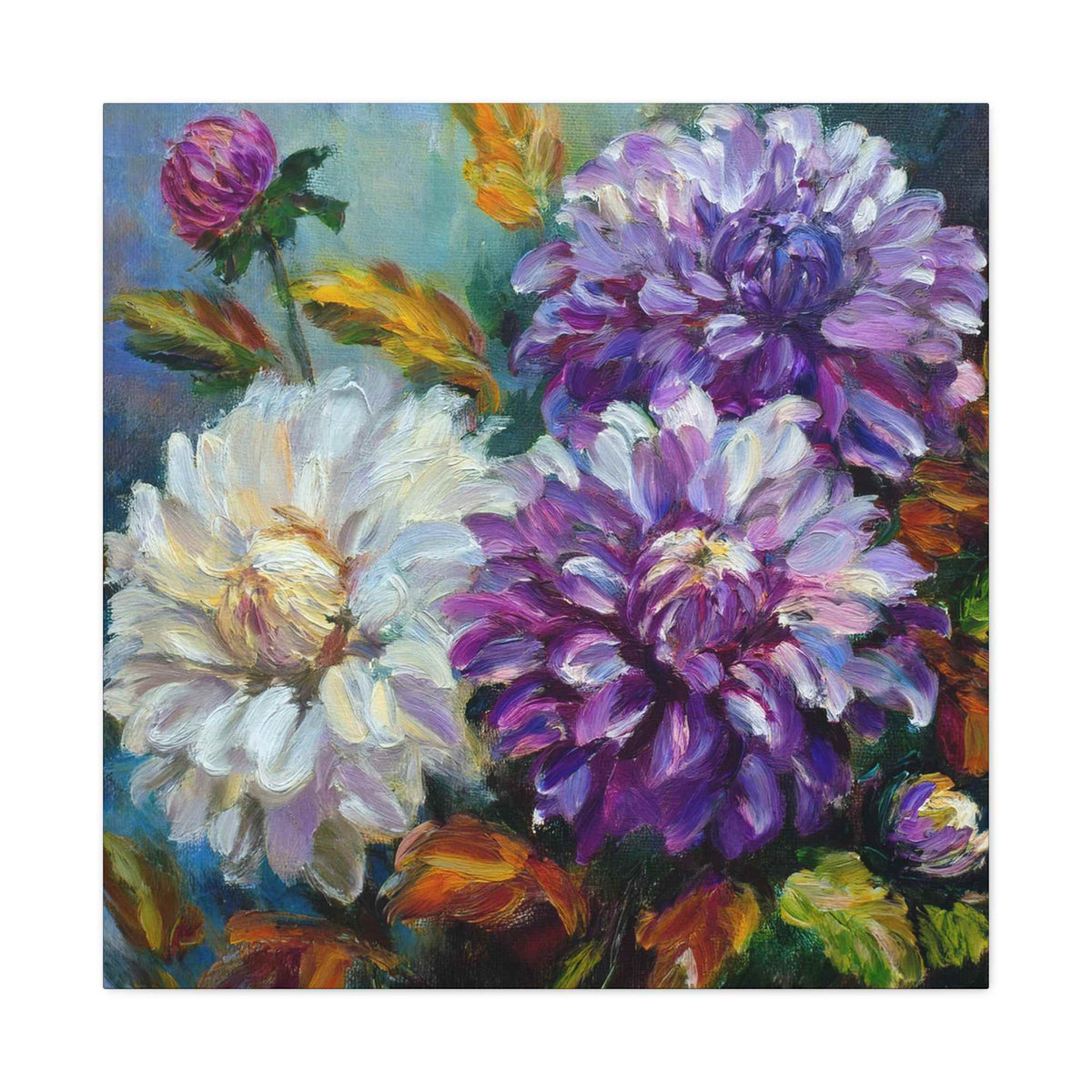 Dahlias Floral Print Canvas, Floral Oil Paint Print 20x20, 24x24, 30x30, 32x32, 36x36 Art Design Pine-Wood Inner Frame MC-173