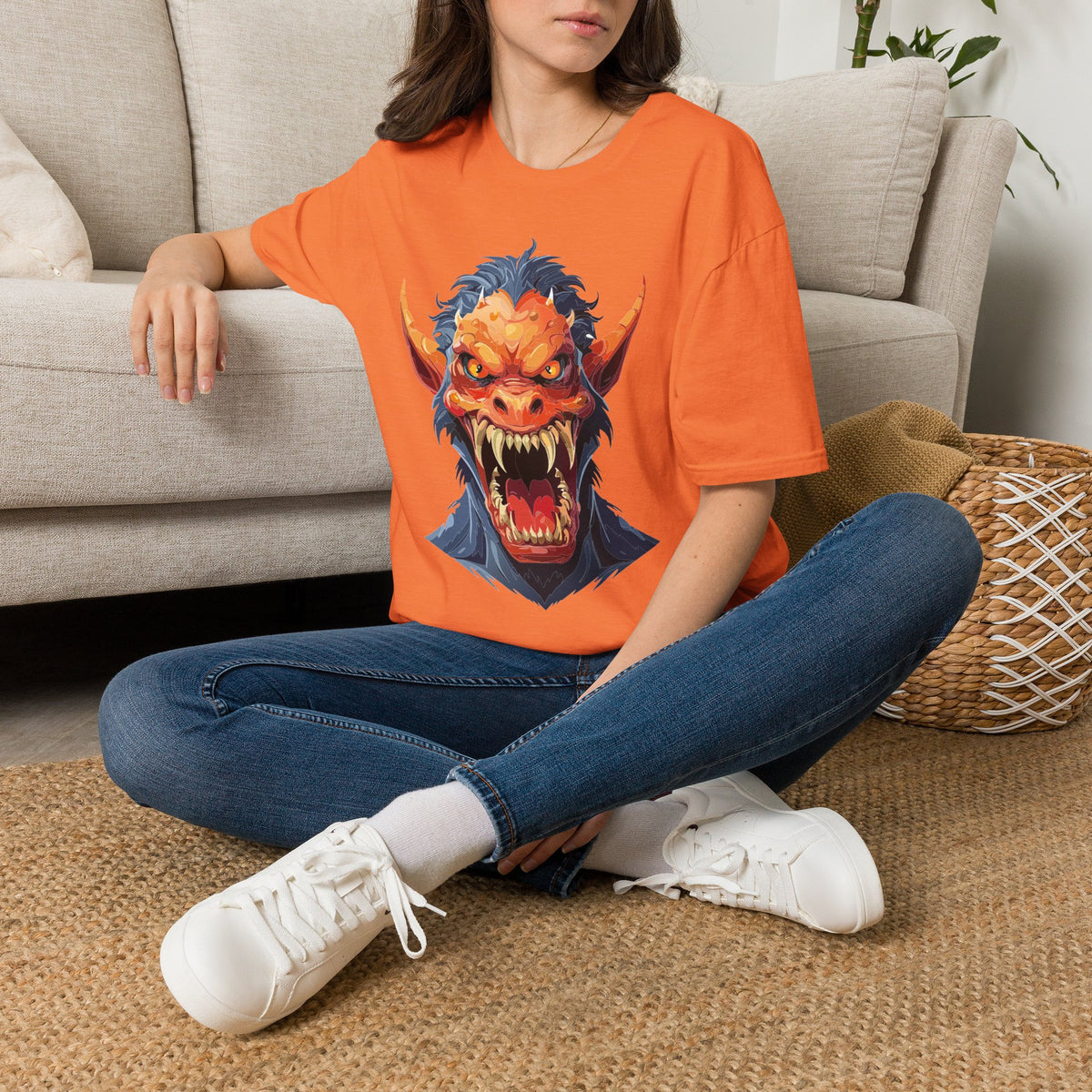 Demonic Monster Head T-Shirt — Fierce Horror Cartoon Graphic Tee Unisex 100 Cotton Gildan T-Shirt