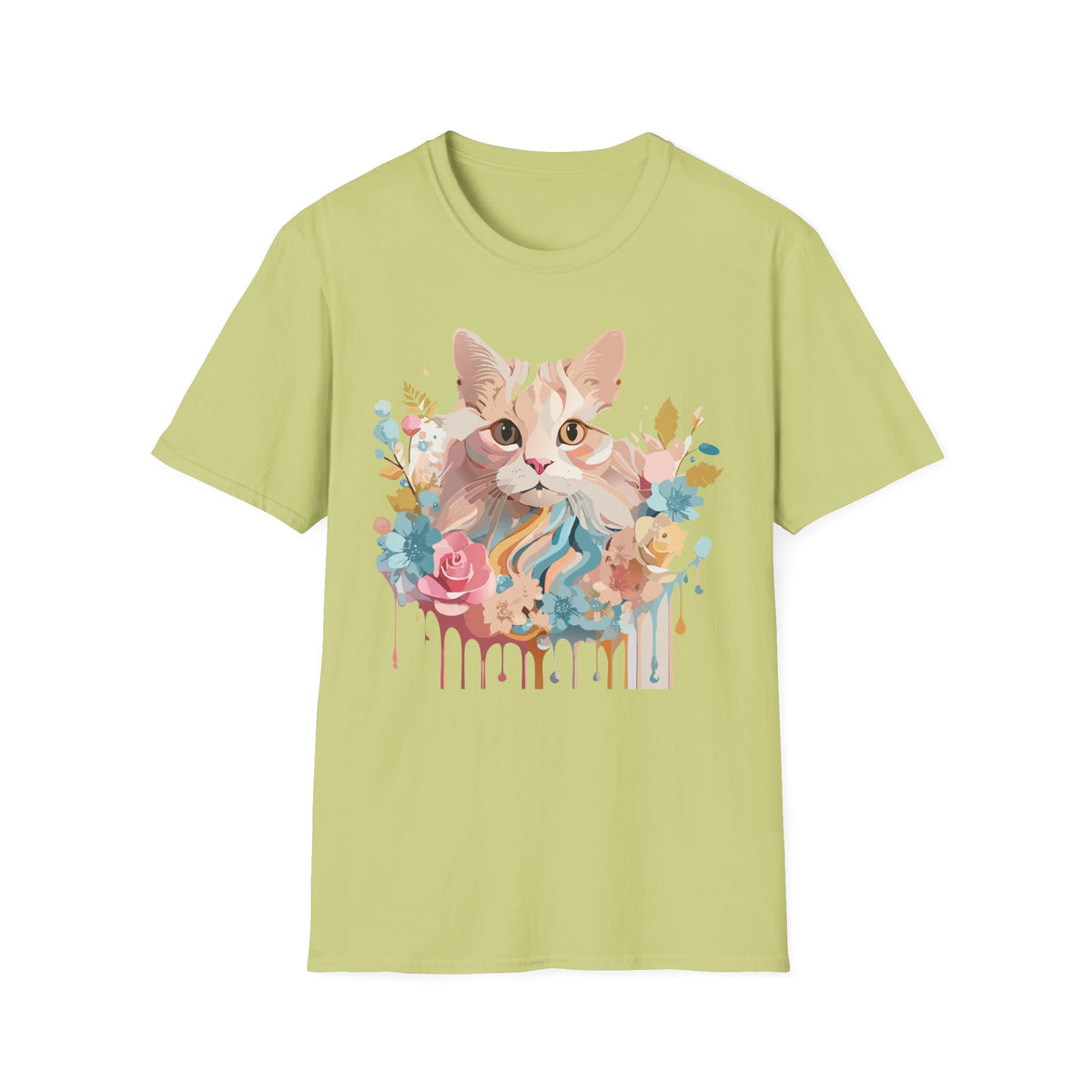 Pastel Floral Cat Portrait T-Shirt | Watercolor Kitten Tee