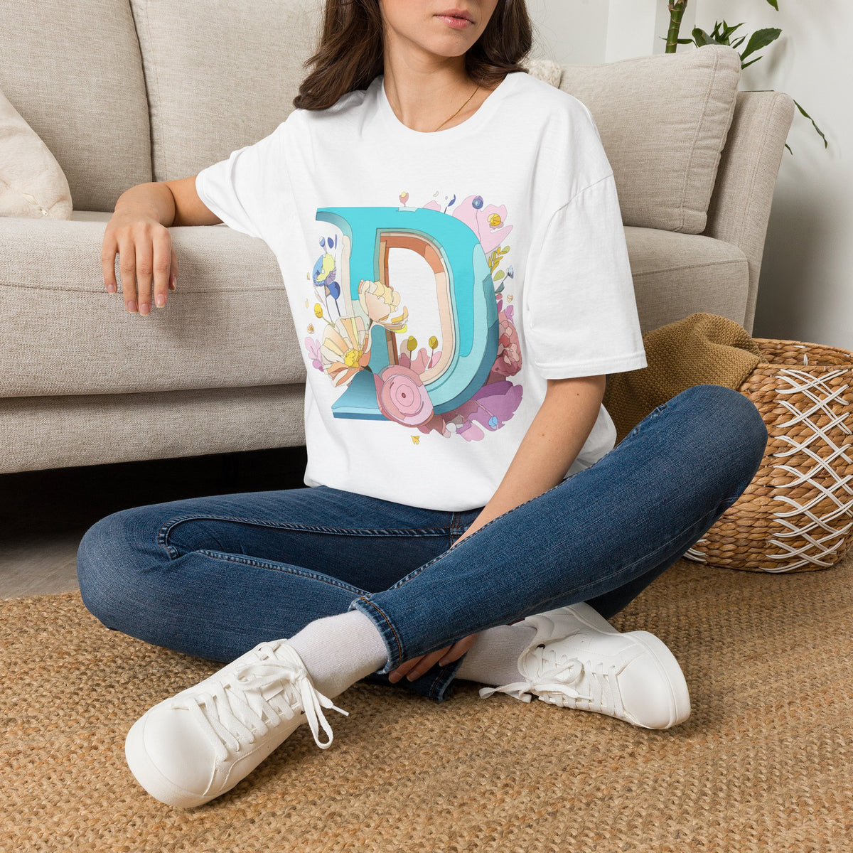 Floral Letter D T-Shirt | Monogram Initial D Tee, Botanical Alphabet Design