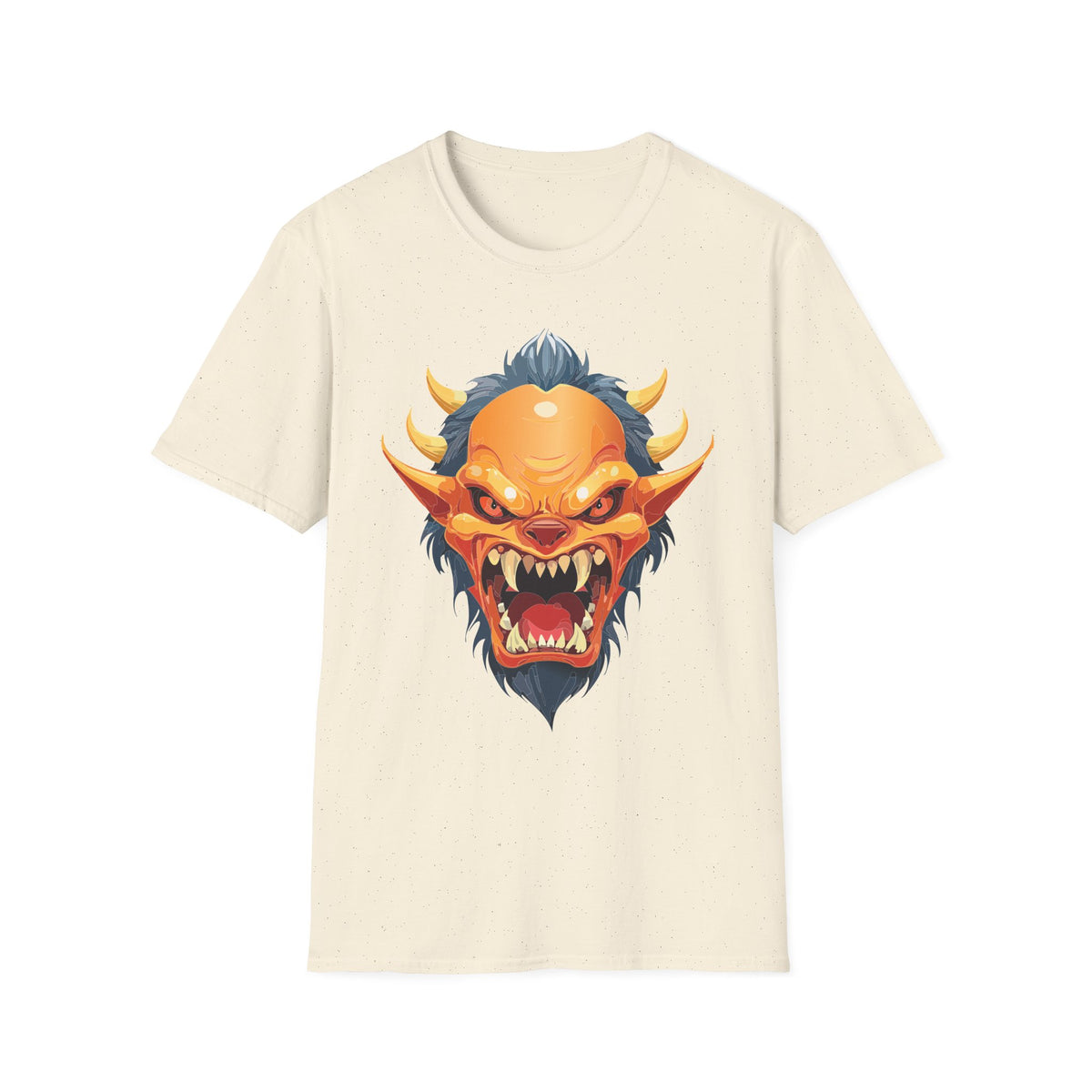 Demonic Oni Mask T-Shirt — Fierce Japanese Demon Face Cartoon Graphic Tee Unisex 100 Cotton Gildan T-Shirt