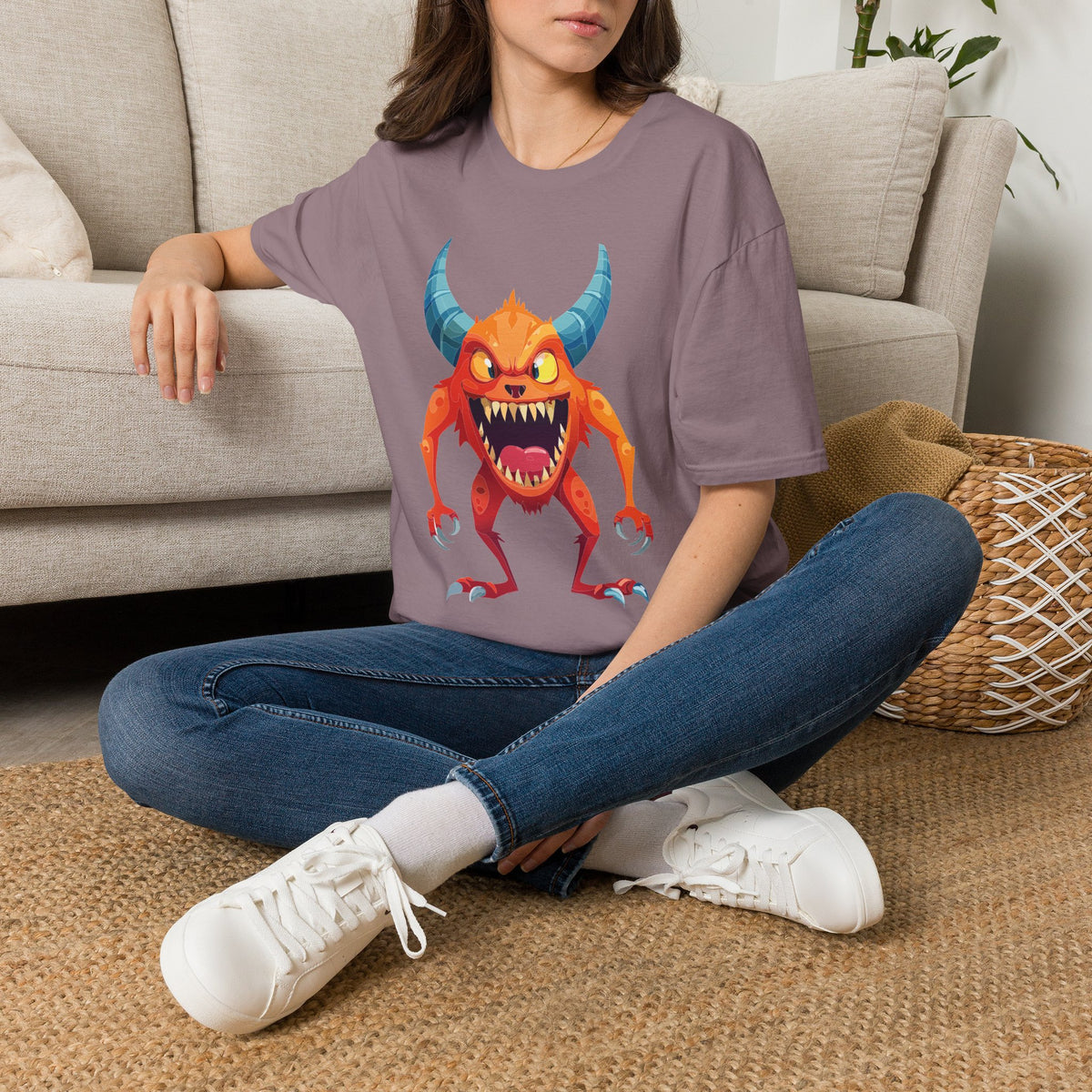 Orange Horned Monster T-Shirt — Cute Scary Cartoon Tee for Kids & Halloween Cartoon Graphic Tee Unisex 100 Cotton Gildan T-Shirt