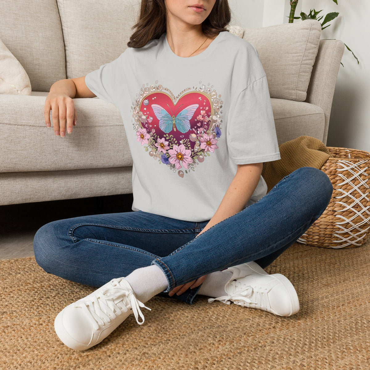 Butterfly Heart Floral Graphic Design Unisex 100 Cotton Gildan T-Shirt