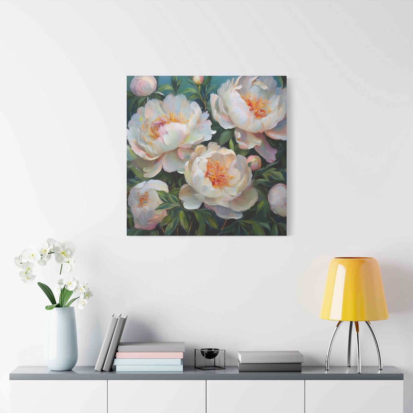 White Peonies Print Canvas, Floral Oil Paint Print 20x20, 24x24, 30x30, 32x32, 36x36 Art Design Pine-Wood Inner Frame MC-123