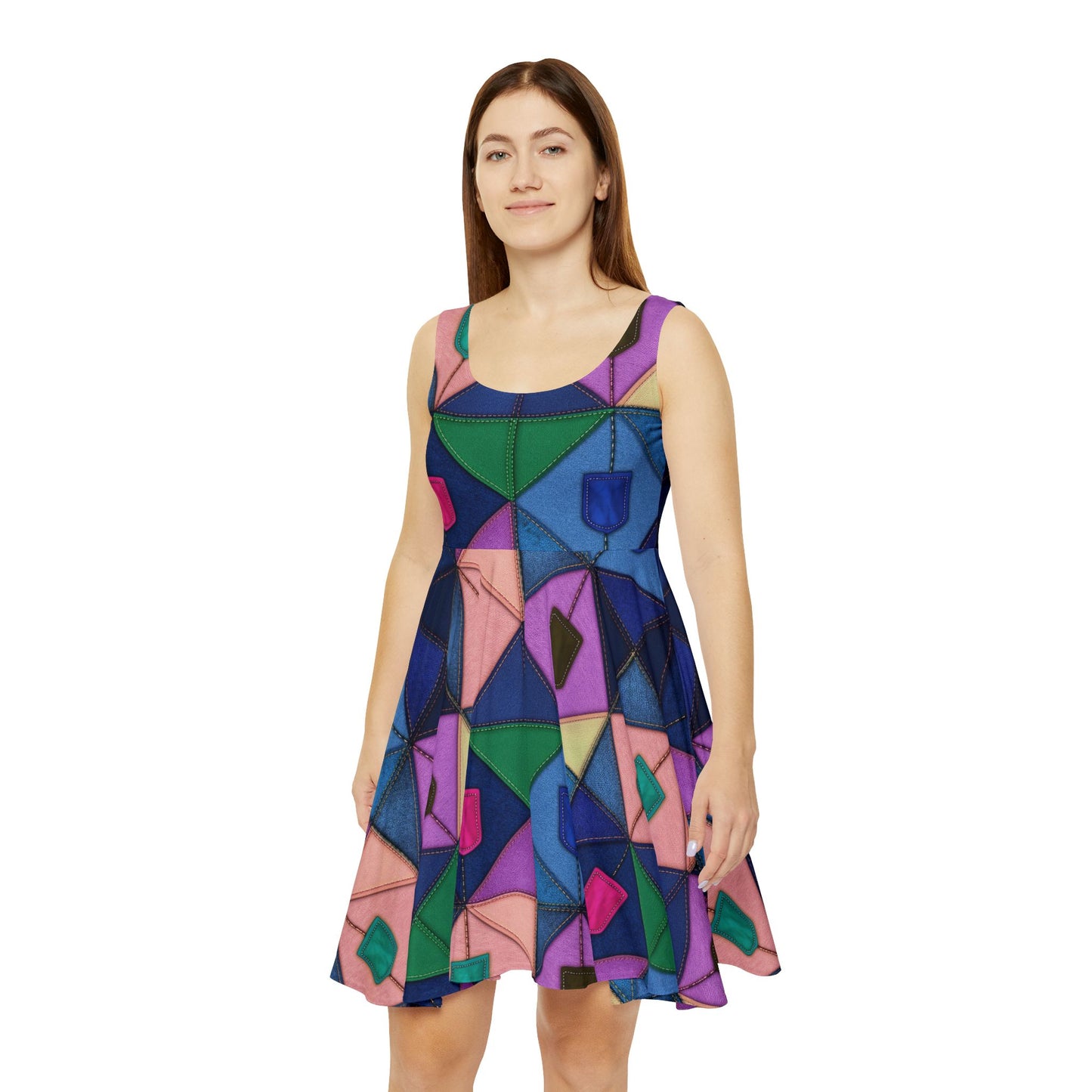 Women Denim Print Skater Dress, Denim Print Poly-Span Dress - 5