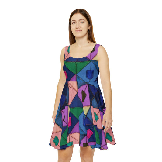 Women Denim Print Skater Dress, Denim Print Poly-Span Dress - 5