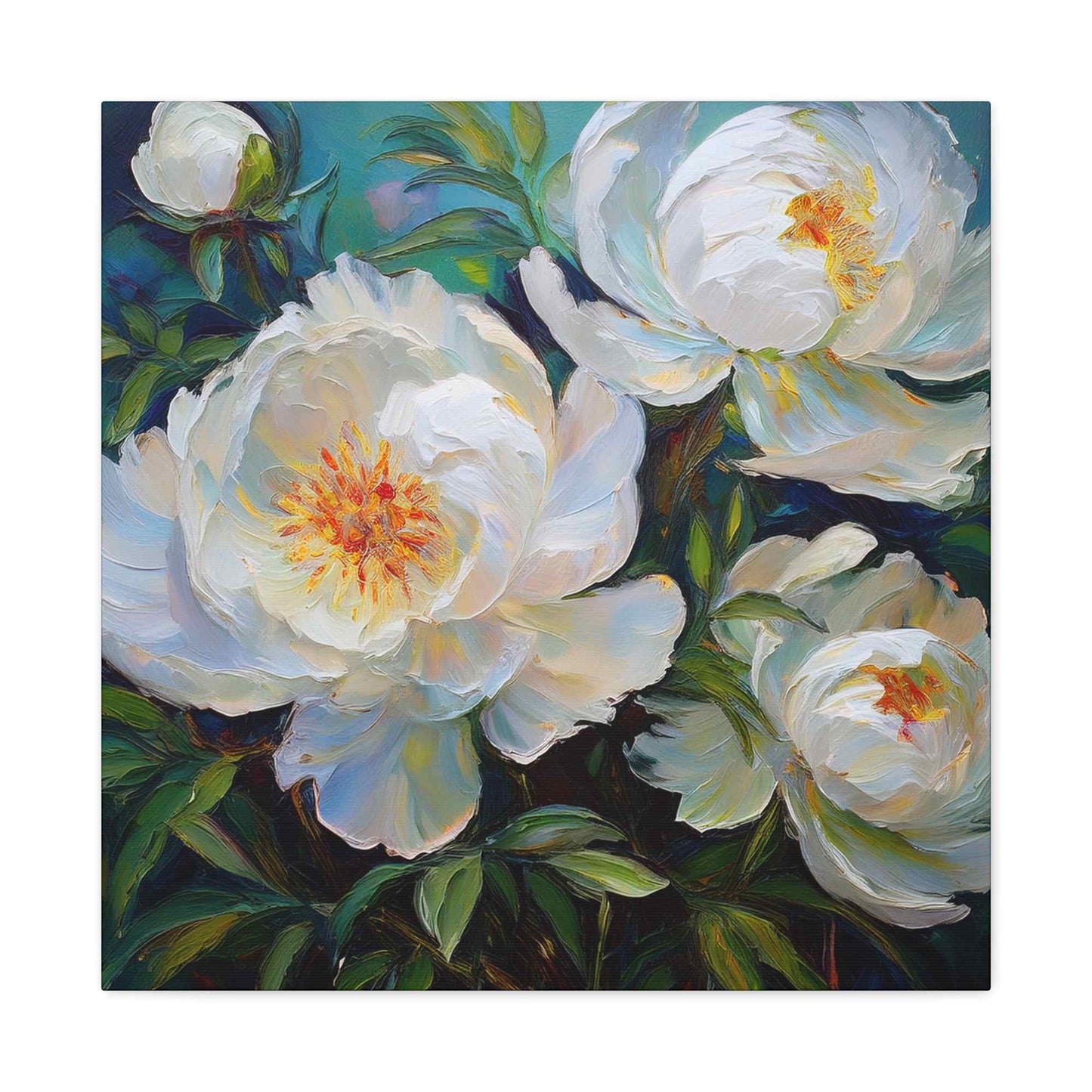 White Peonies Print Canvas, Floral Oil Paint Print 20x20, 24x24, 30x30, 32x32, 36x36 Art Design Pine-Wood Inner Frame MC-119