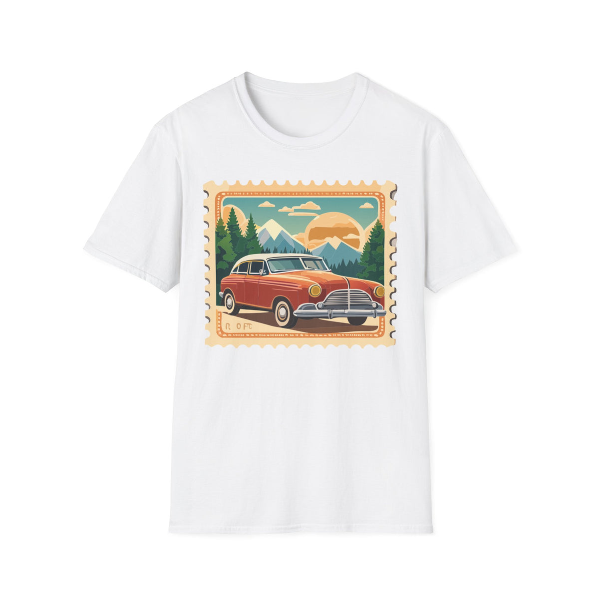 Vintage Road Trip Car T-Shirt | Retro Mountain Sunset Stamp Design