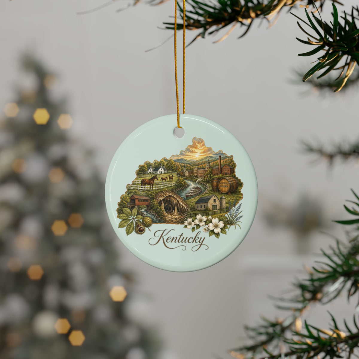 Kentucky State Scenic Map Ceramic Ornament | Round Double-Sided Ornament - 2.99" Includes Gold String