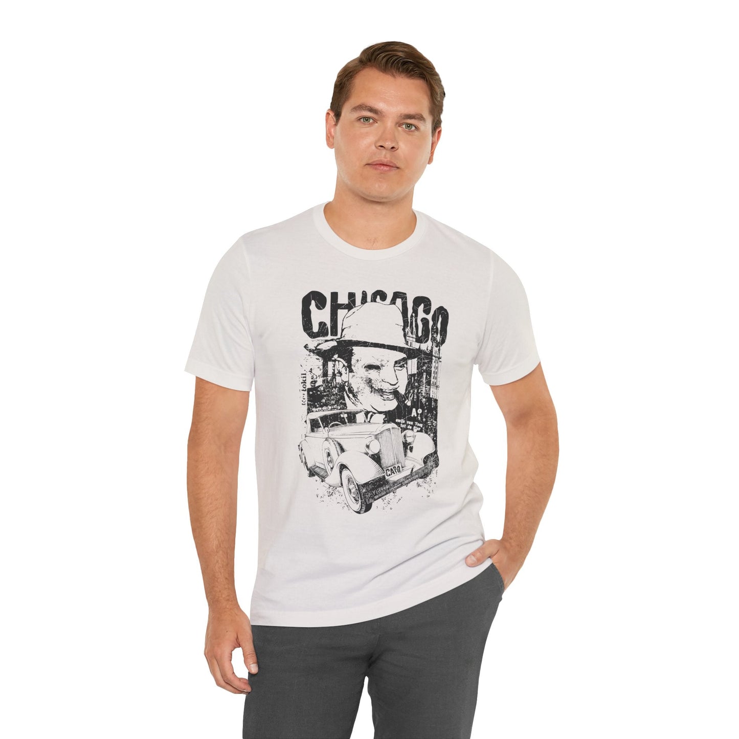 Chicago Retro Mobster Illustration Tee Vintage Car Cityscape Art Design T-Shirt A-8