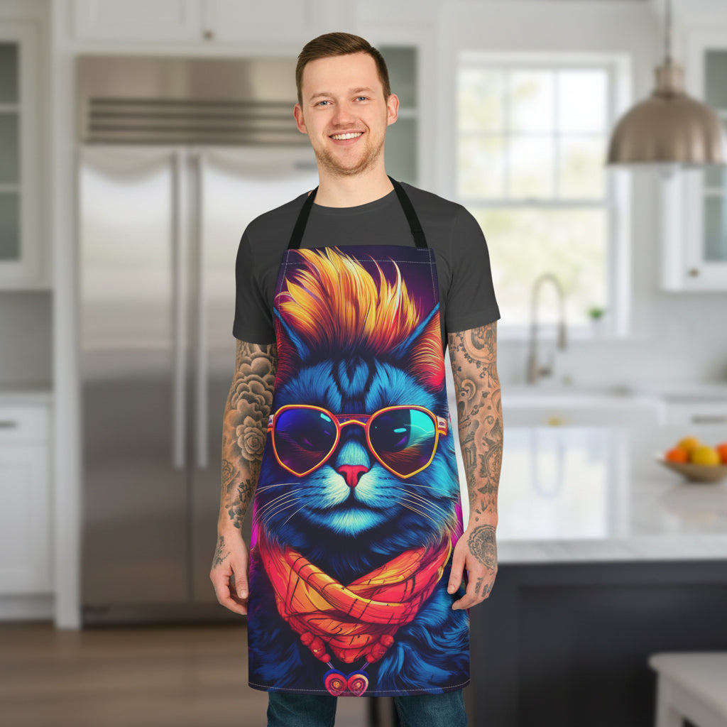 Retro Neon Cat Apron — Cool Sunglasses & Scarf Kitchen Apron Stain-Resistant - Art Print Canvas Apron