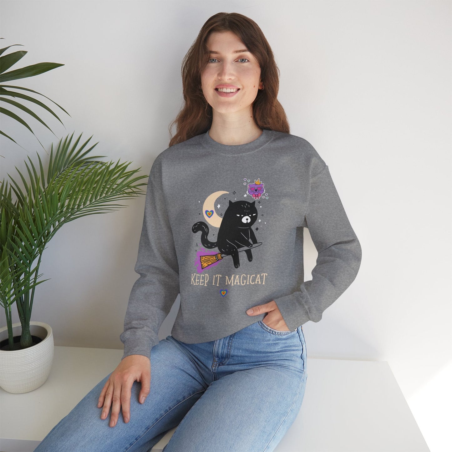 Flying Cat Heart Sweatshirt Unisex Fifty Fifty Cotton Poly Crewneck Gildan 18000 Valentines Day
