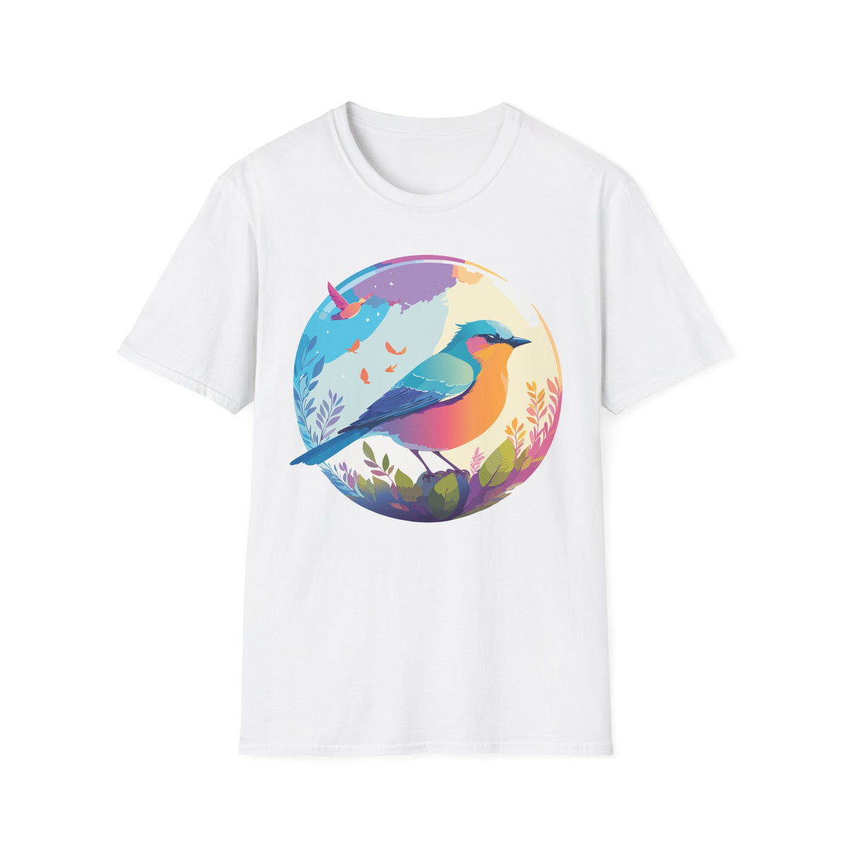 Colorful Bird Illustration T-Shirt | Rainbow Songbird Circle Art