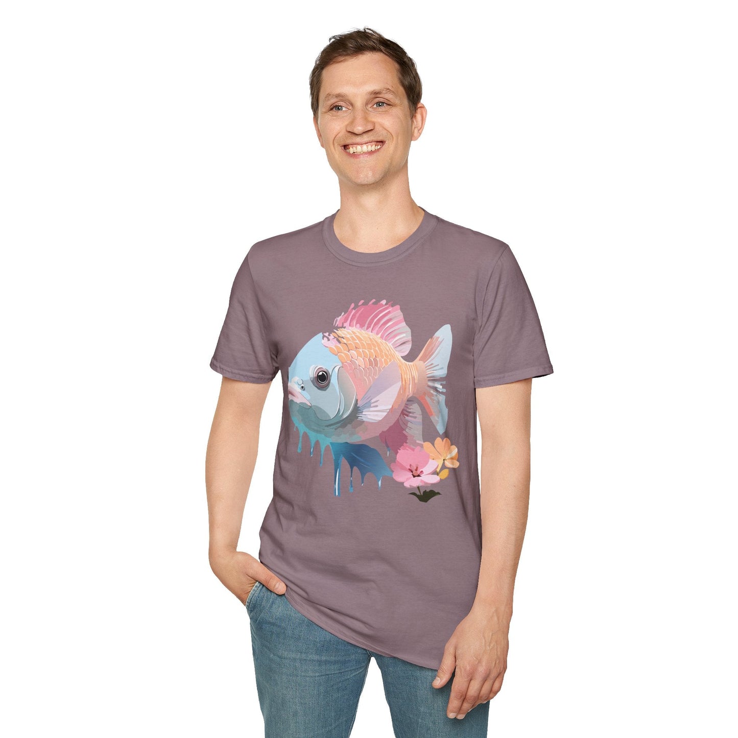 Fish Art Design Shirt Unisex Graphic Tee 100 Percent Ring Spun Cotton Softstyle Gildan 64000