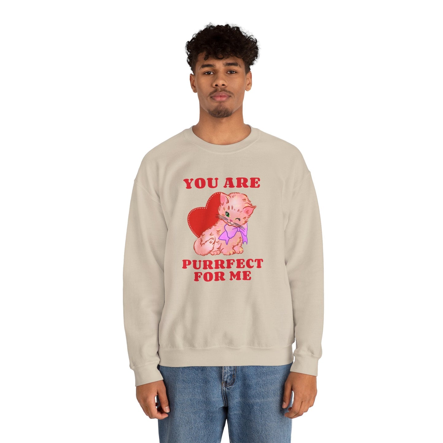 Cat Heart Sweatshirt Unisex Valentines Day Fifty Fifty Cotton Poly Blend Crewneck