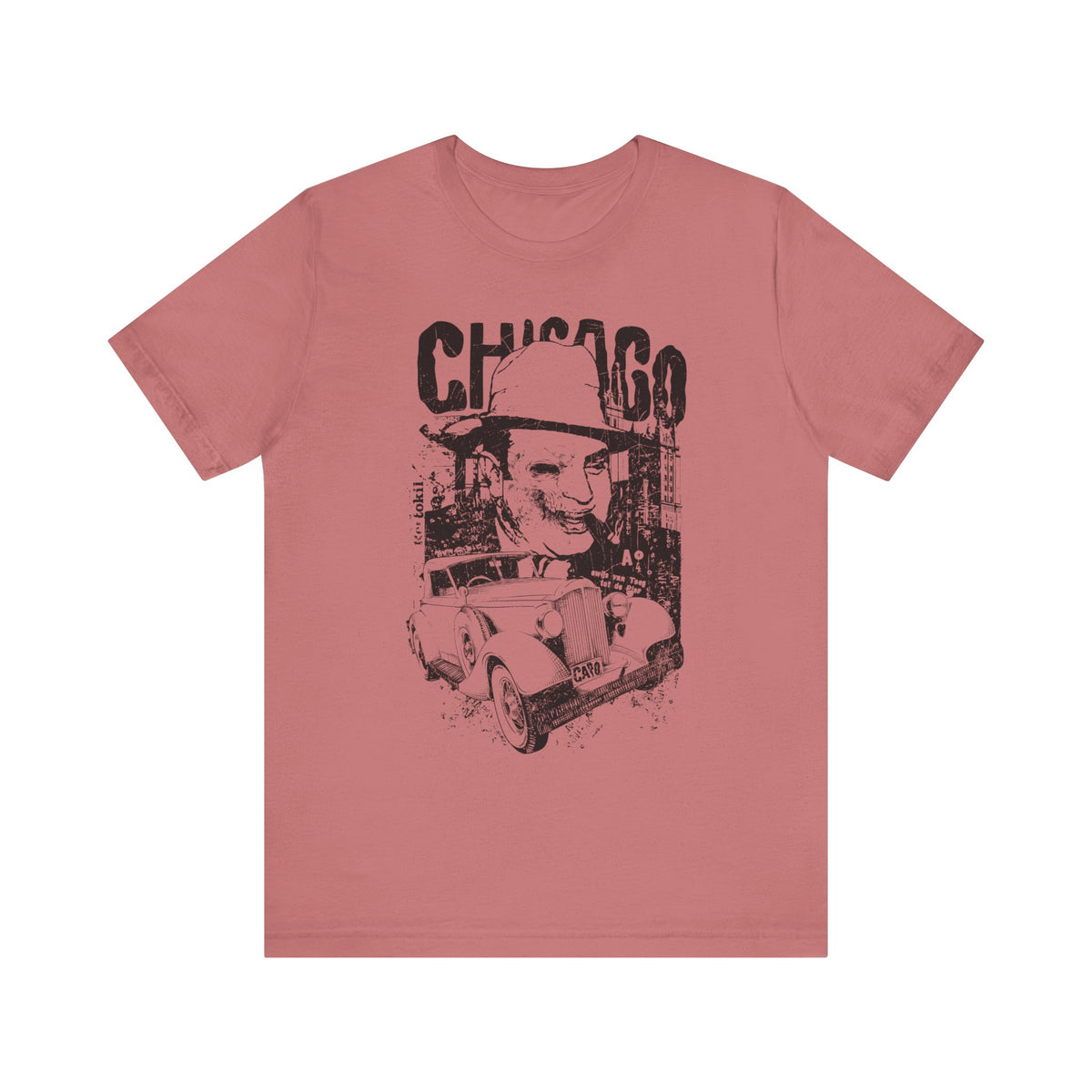 Chicago Retro Mobster Illustration Tee Vintage Car Cityscape Art Design Unisex Cotton T-Shirt A-8