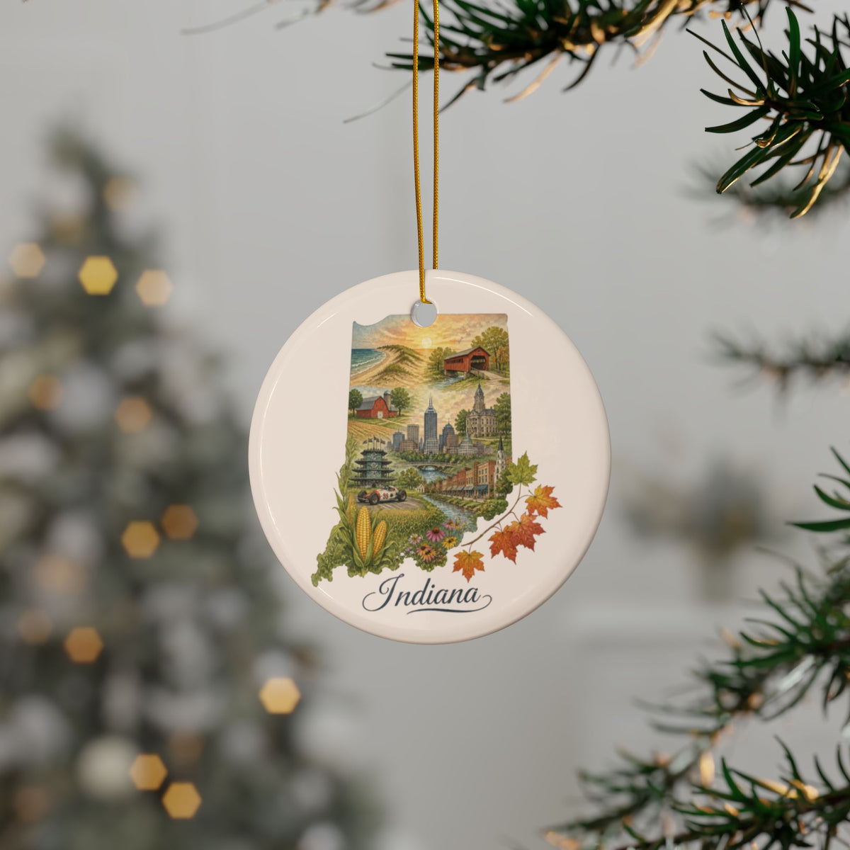 Indiana State Map Holiday Ornament | Ceramic Round Two-Sided Ornament - 2.99" Includes Gold String