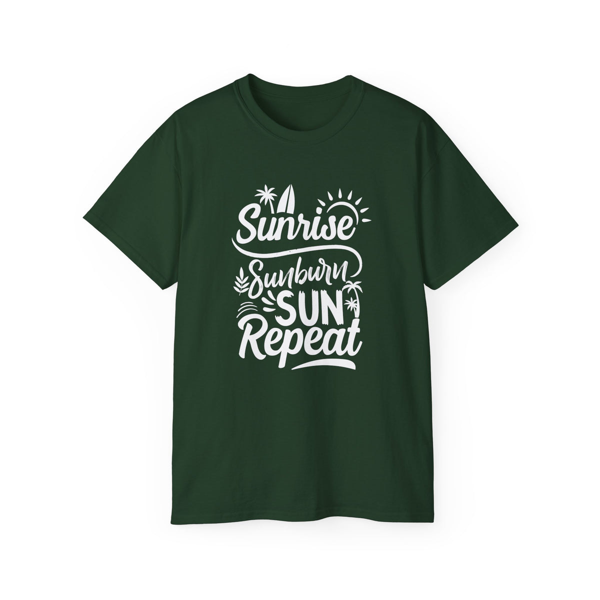 Sunrise Sunburn Sun Repeat T-Shirt | Beach Surf Typography Tee