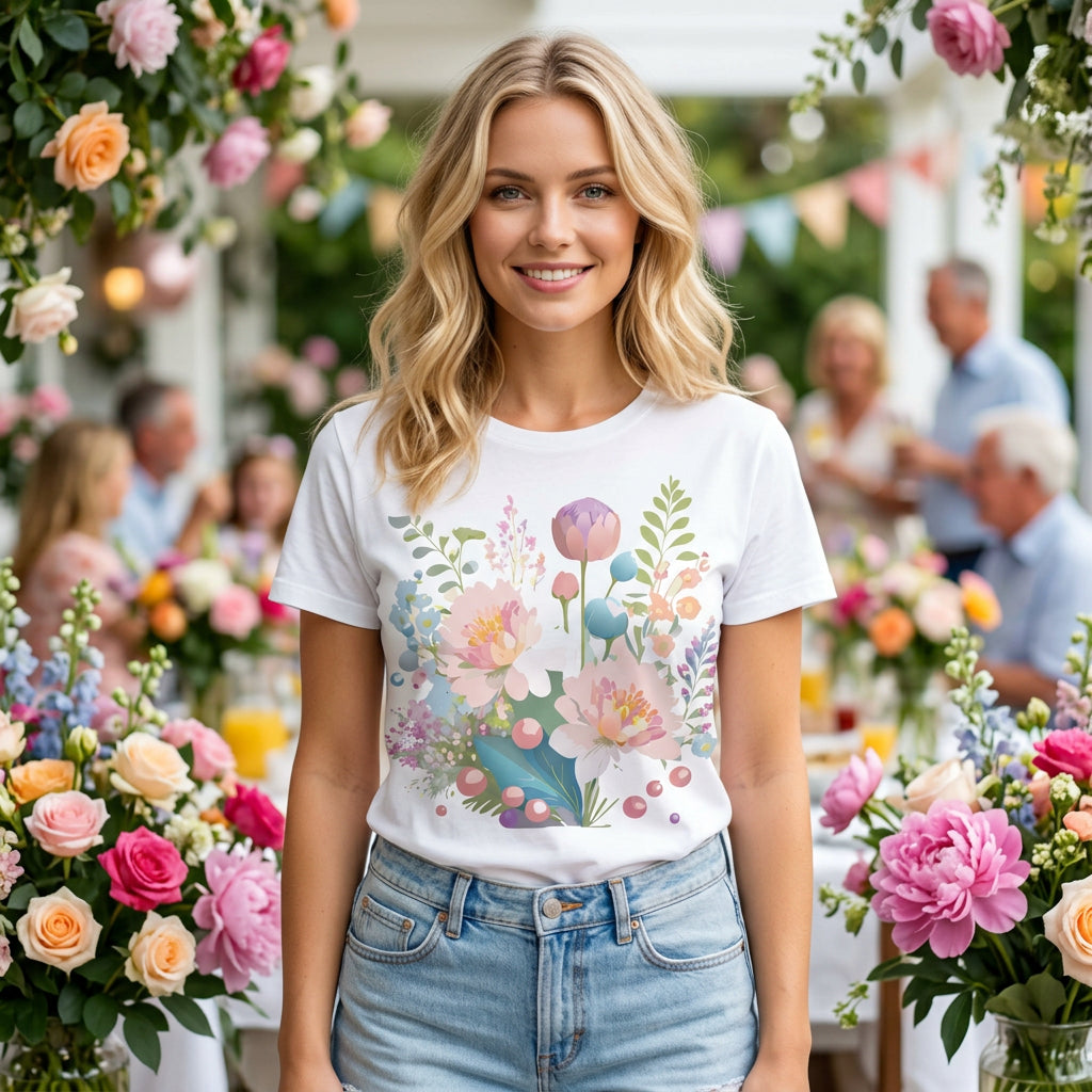 Floral Graphic Unisex Cotton Bella+Canvas Tee with Flowers Art Design n123