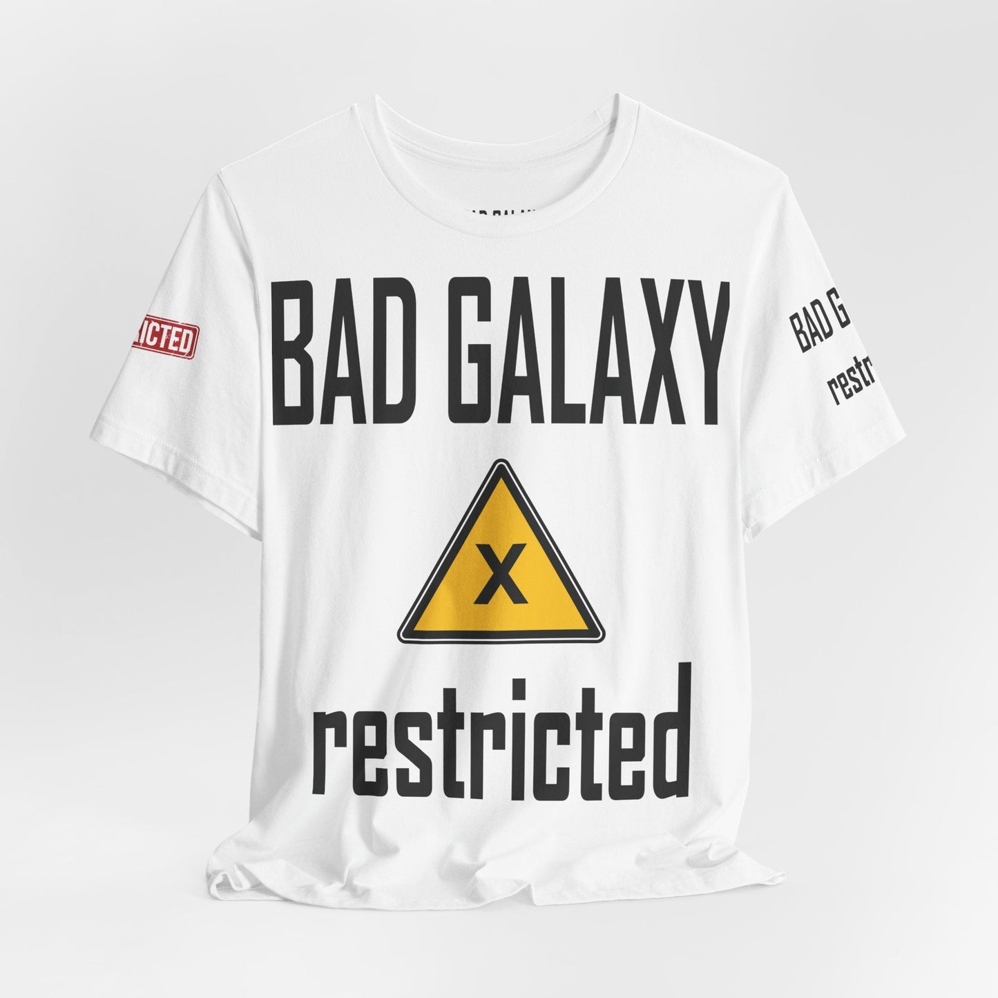 Tee Shirt With Red Stamp From Bad Galaxy Eco Friendly 100 Percent Cotton Printed In USA