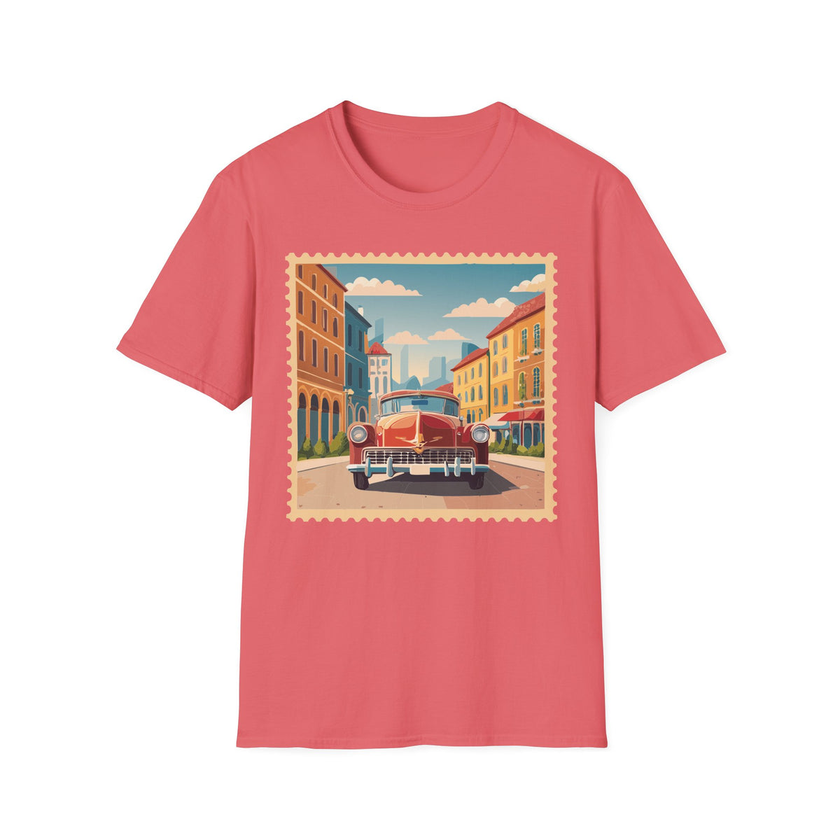 Vintage Cityscape Stamp T-Shirt | Retro Car Street Graphic Tee Unisex 100 Cotton Gildan T-Shirt
