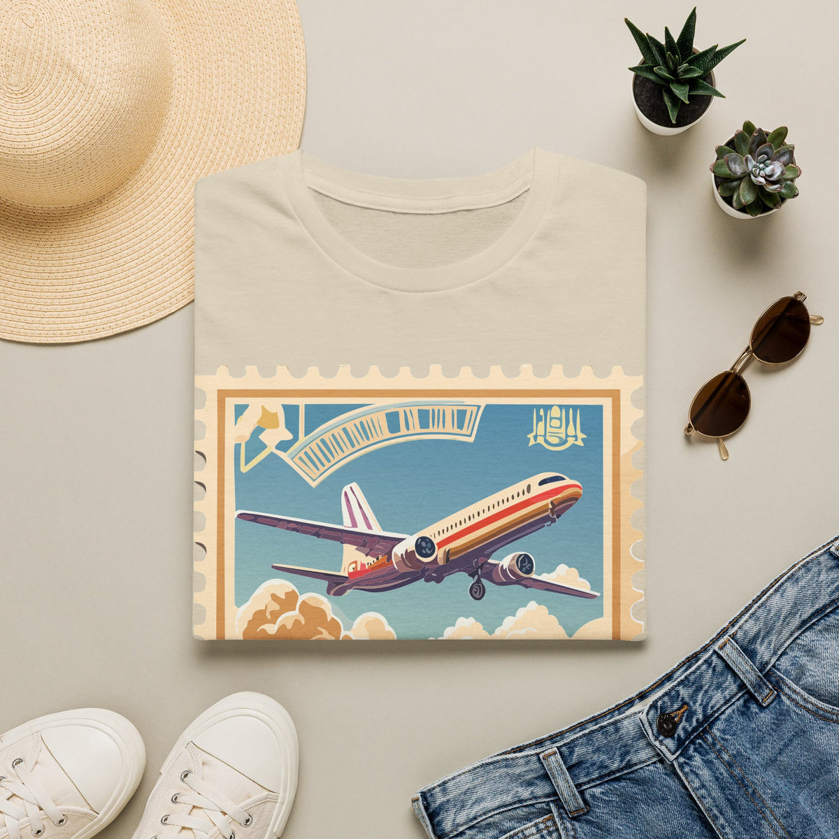 Retro Airplane Stamp illustration T-Shirt | Vintage Travel Plane Graphic Tee Unisex 100 Cotton Gildan T-Shirt