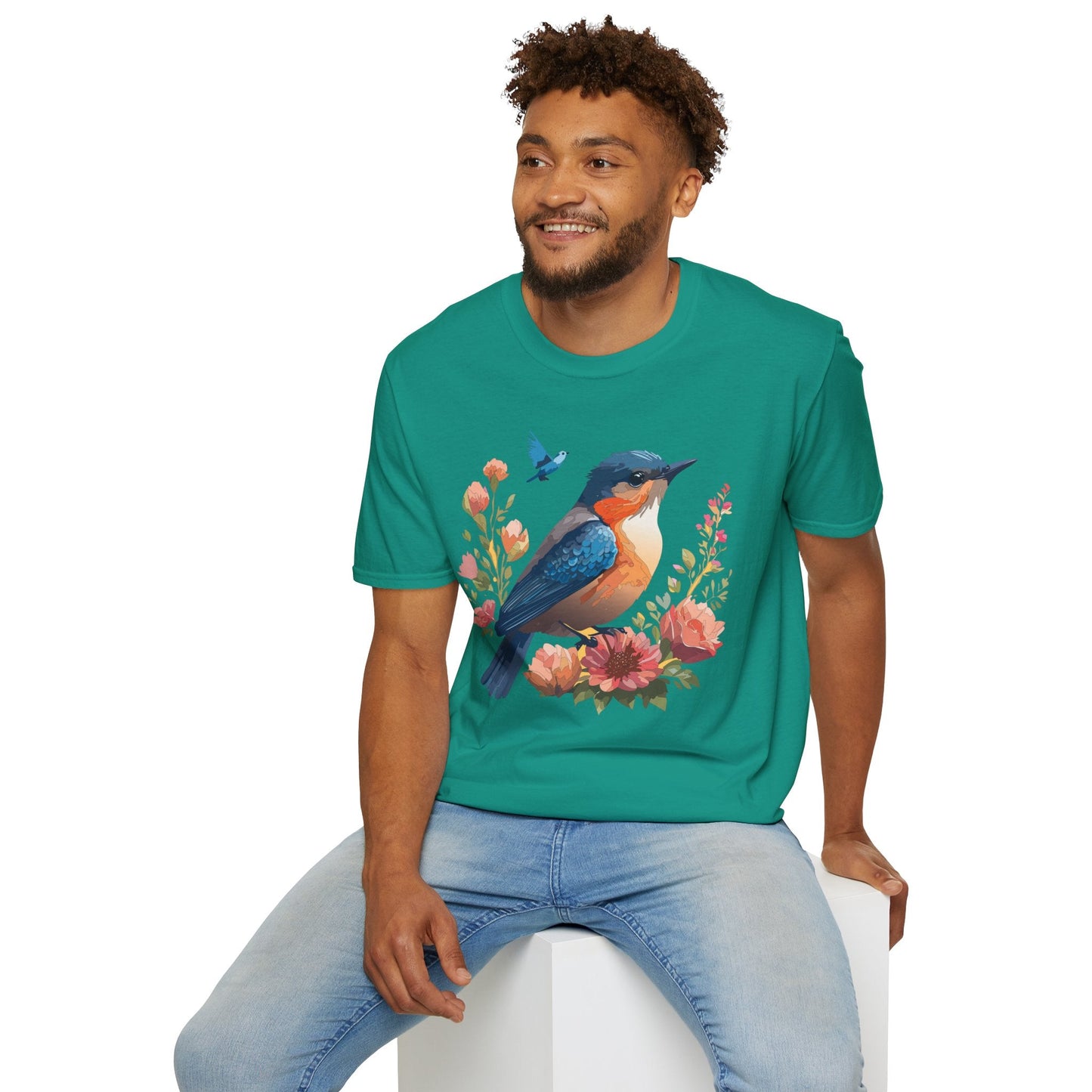 Unisex Floral Bird T Shirt Softstyle 64000 Gildan Ring Spun Cotton Tee Relaxed Fit