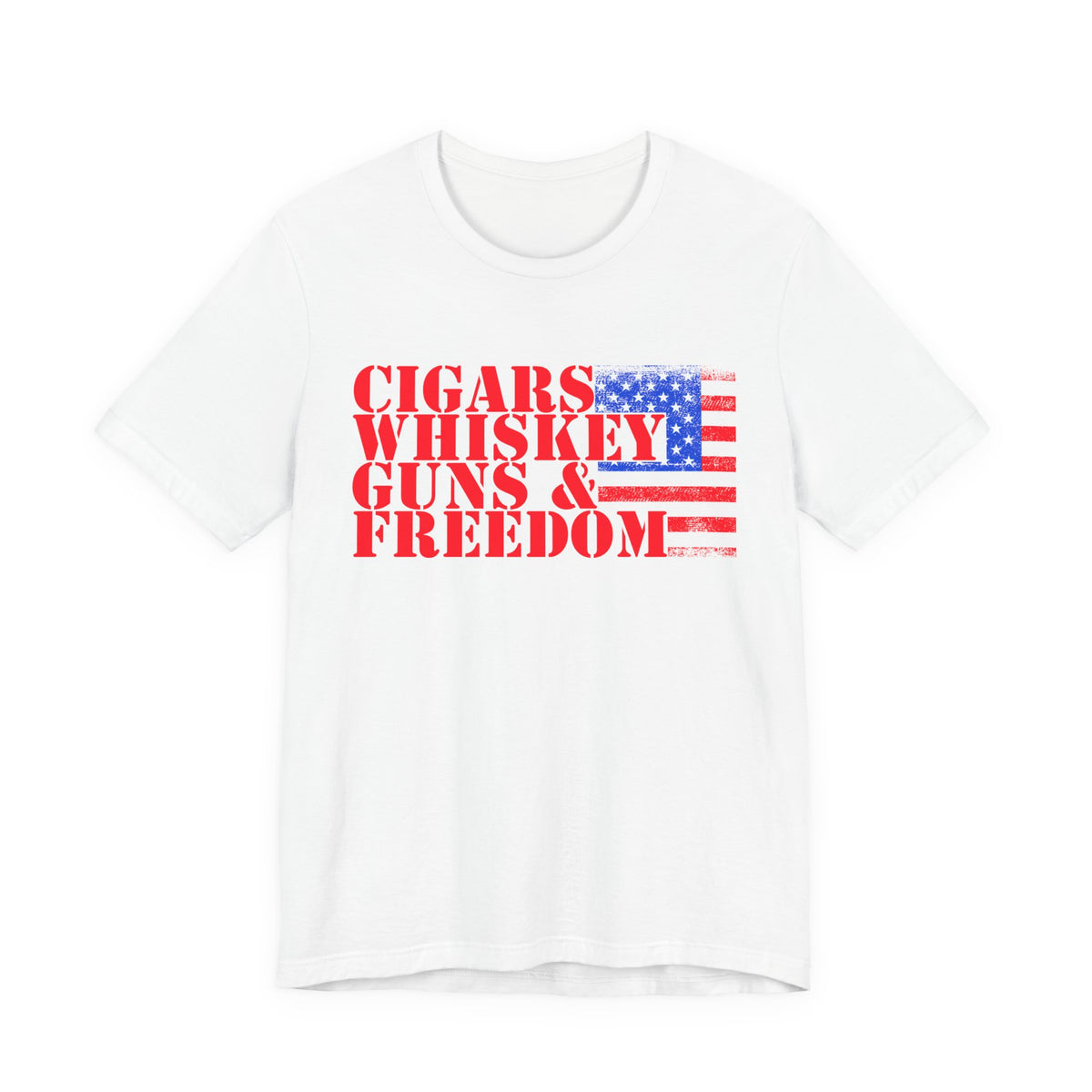 Cigars Whiskey Guns Freedom T-Shirt American Flag Text Graphic Unisex Cotton a2