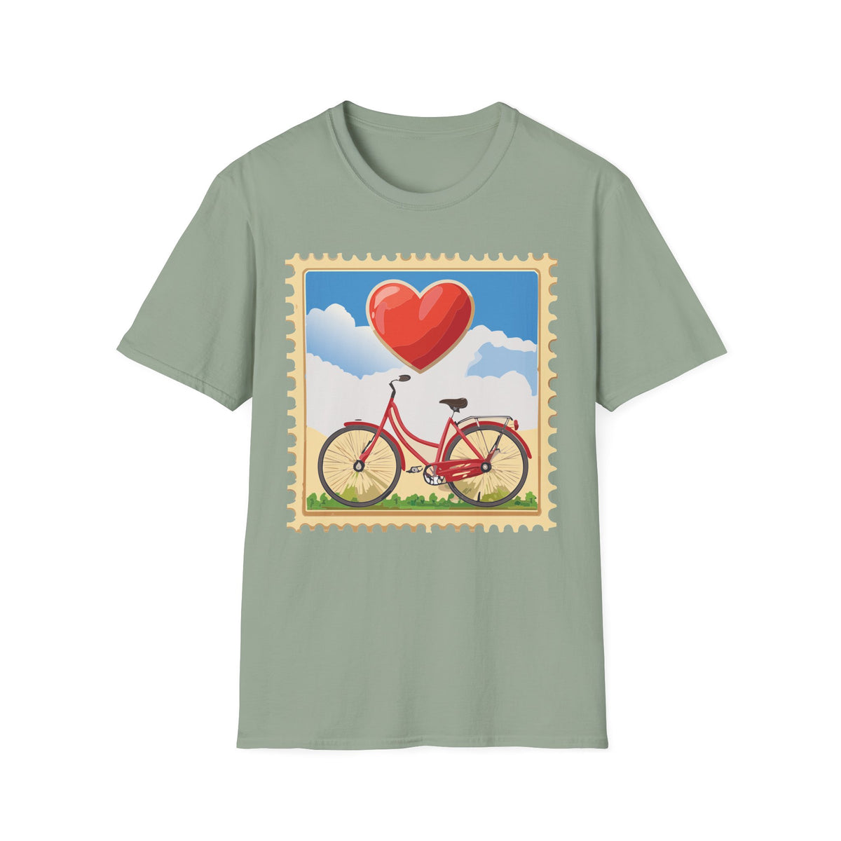 Heart Balloon Bicycle T-Shirt | Retro Stamp Illustration