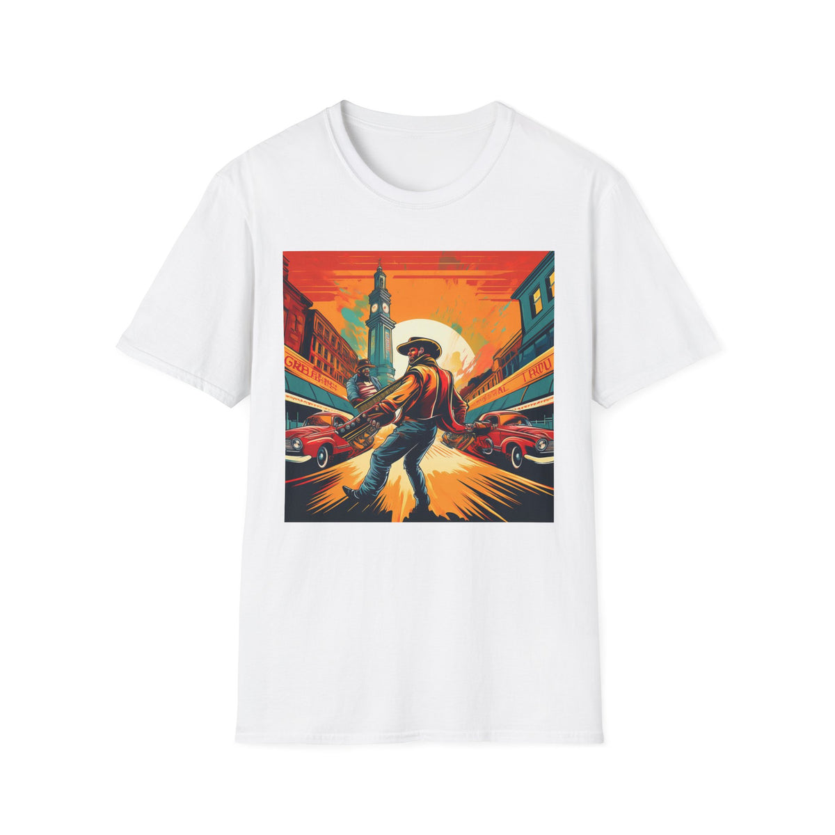 Cowboy Sunset illustration T-Shirt | Western scene, vintage poster Graphic Tee Unisex 100 Cotton Gildan T-Shirt