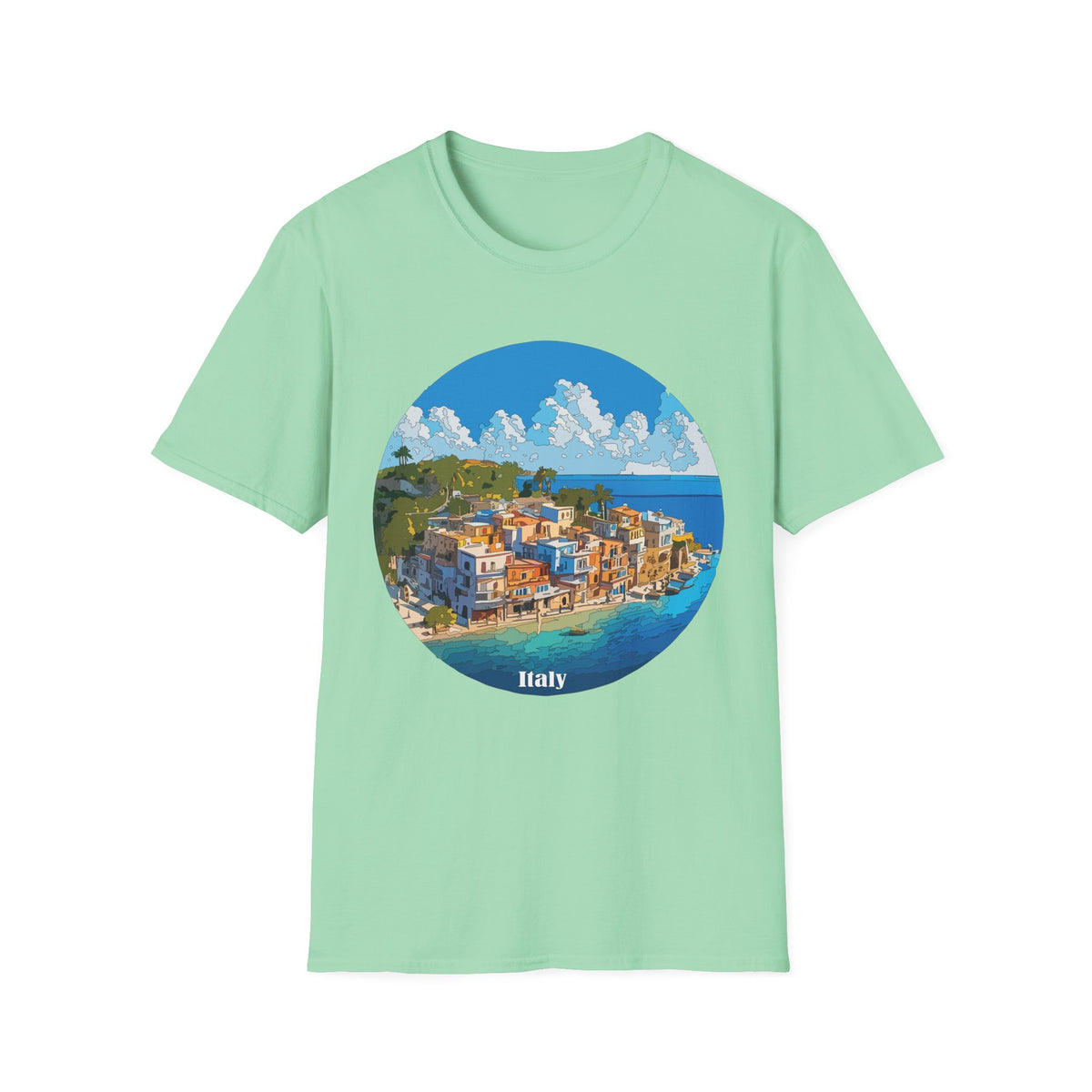 Coastal Italy Village Illustration T-Shirt | Mediterranean Seaside Graphic Tee
