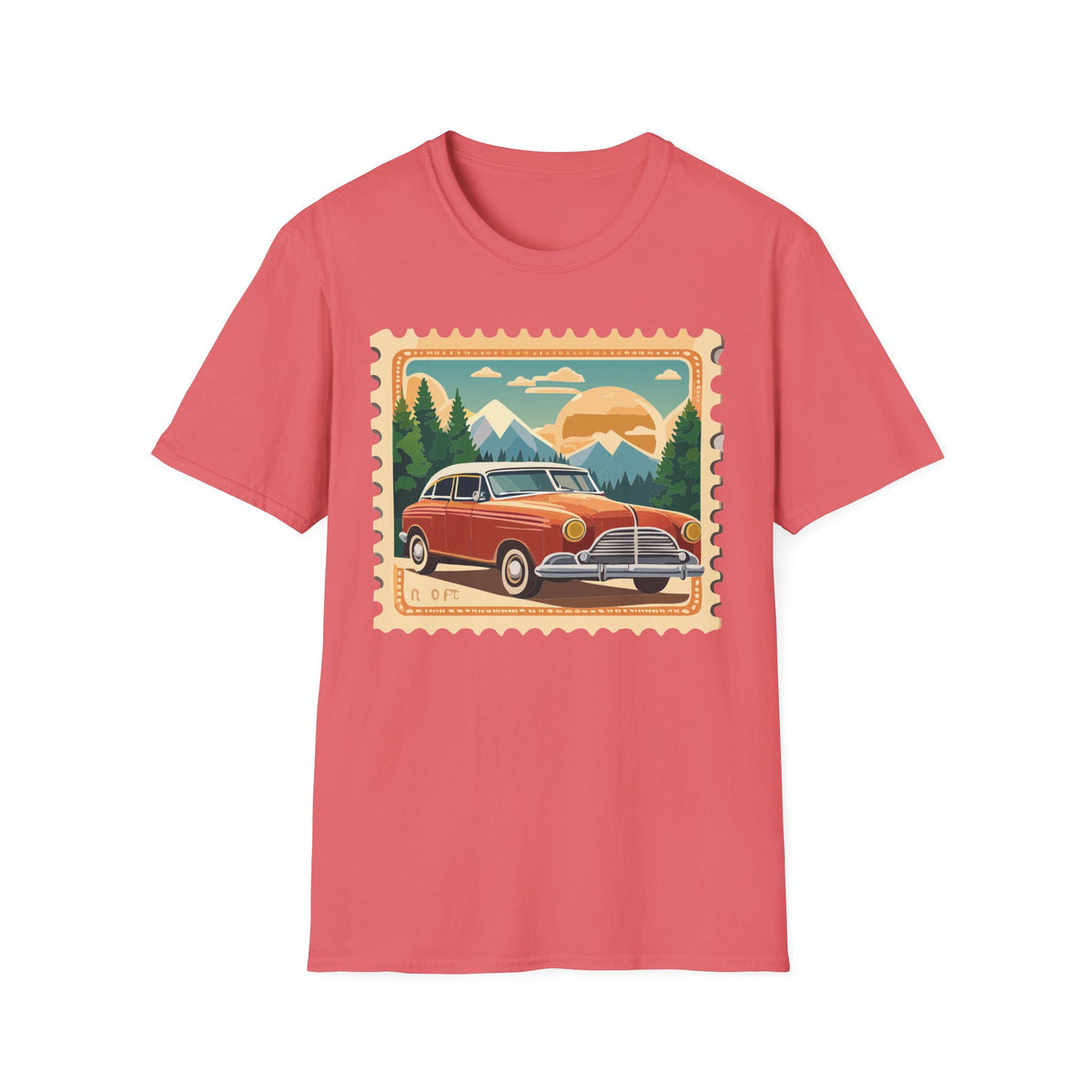 Vintage Road Trip Car T-Shirt | Retro Mountain Sunset Stamp Design