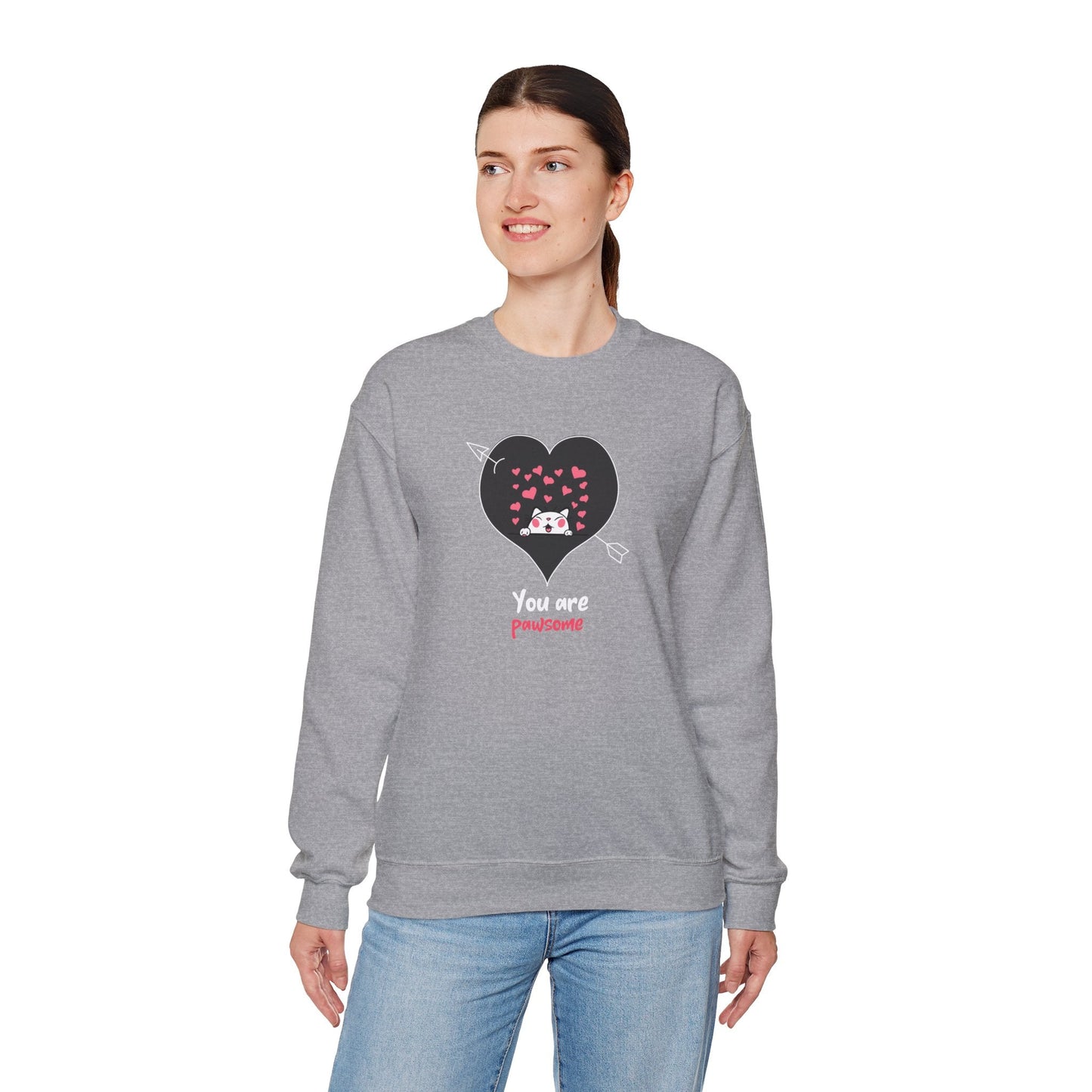 Cat Heart Sweatshirt Valentines Day Fifty Fifty Cotton Poly Unisex Crewneck Gift Idea