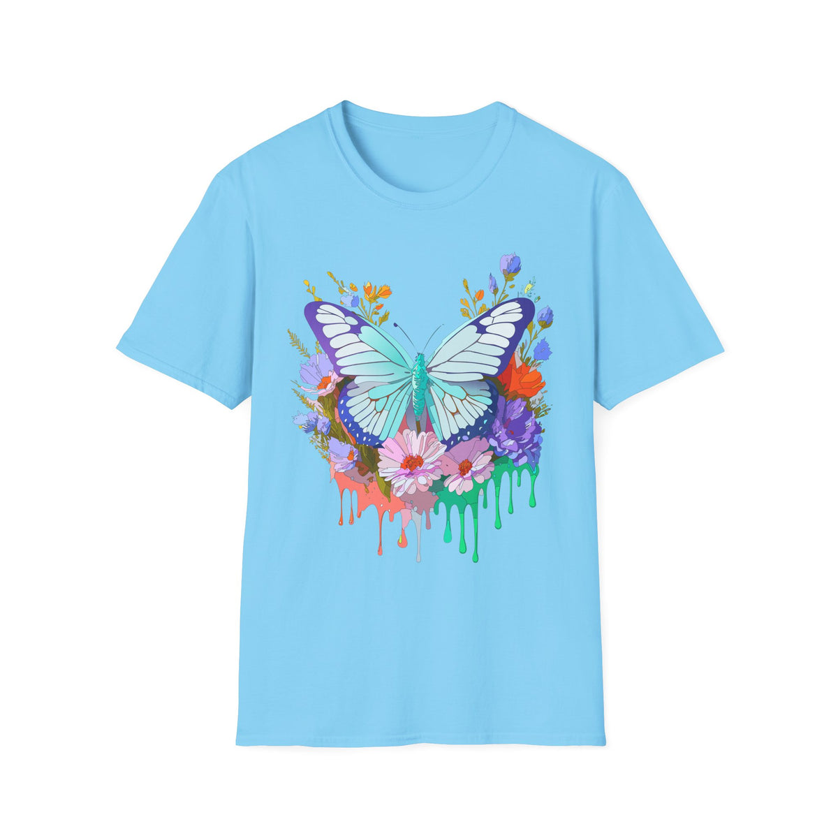 Butterfly Floral Drip T-Shirt — Teal Butterfly with Watercolor Flowers Graphic Tee Unisex 100 Cotton Gildan T-Shirt