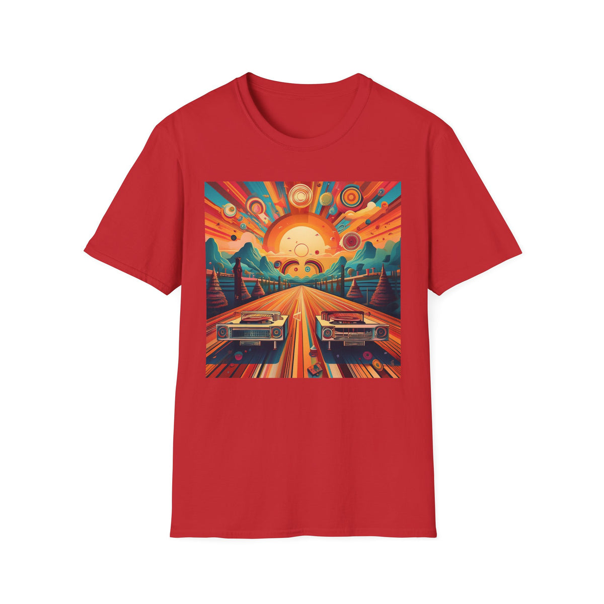 Retro Sunburst Road Trip Graphic Posters, Post Stamps Design Unisex 100 Cotton Gildan T-Shirt