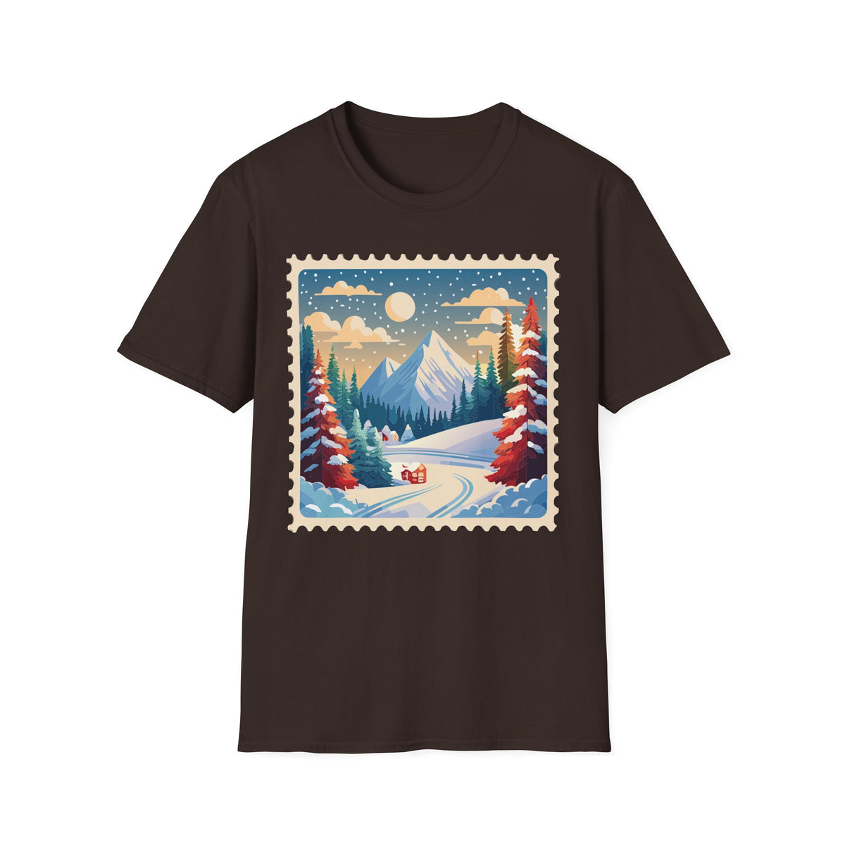 Vintage Winter Mountain Scene T-Shirt | Snowy Peaks Forest Illustration