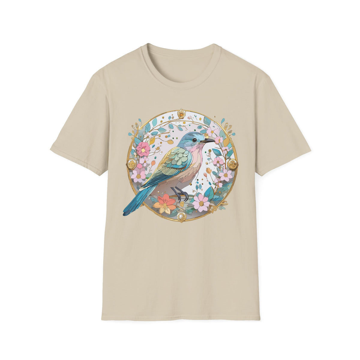 Floral Bird Illustration T-Shirt | Pastel Nature Circle Design