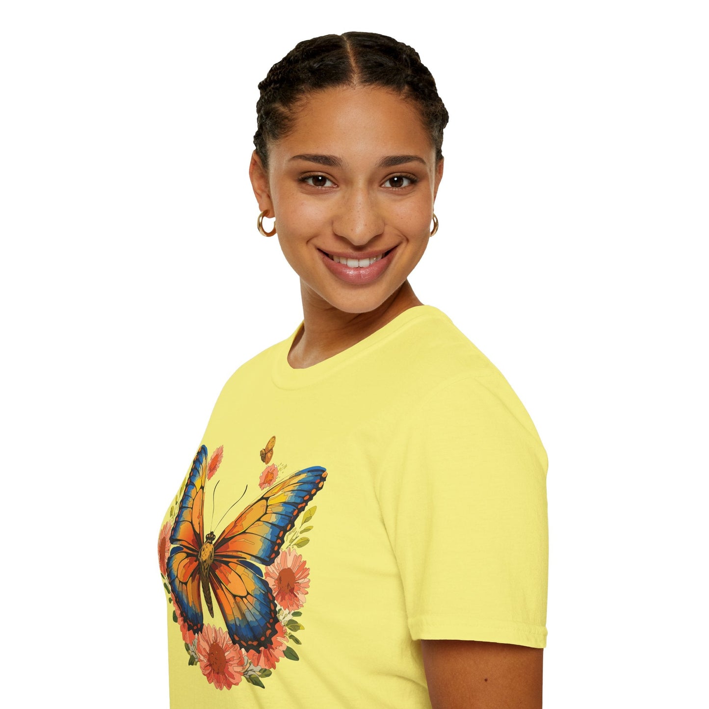 Butterfly T Shirt Unisex Softstyle Gildan 64000 Monarch Print 100 Percent Ring Spun Cotton